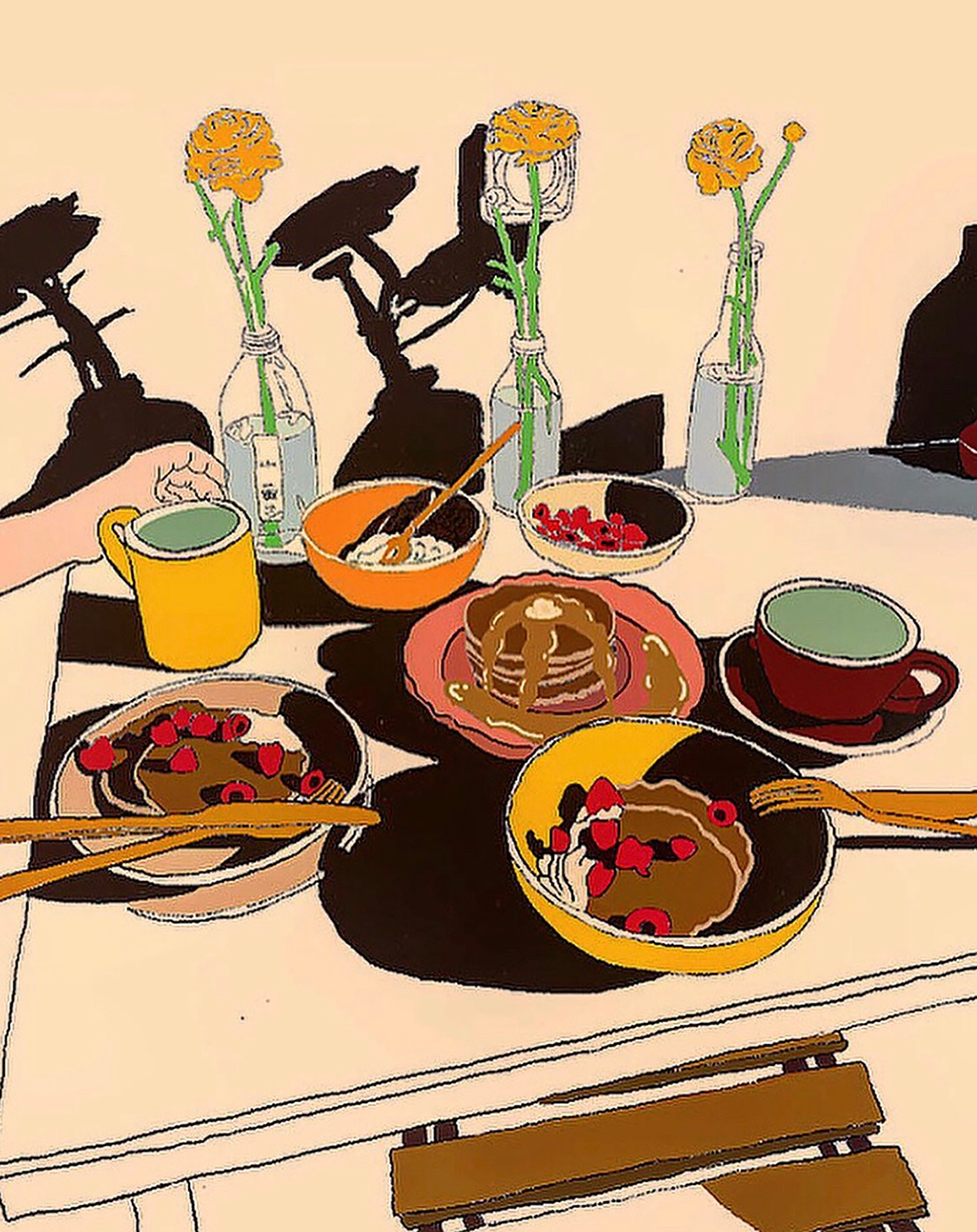 Colorful illustration of a breakfast table with bowls of fruit, pancakes, coffee cups, and vases with flowers. The table is casting shadows, creating a vibrant morning scene.