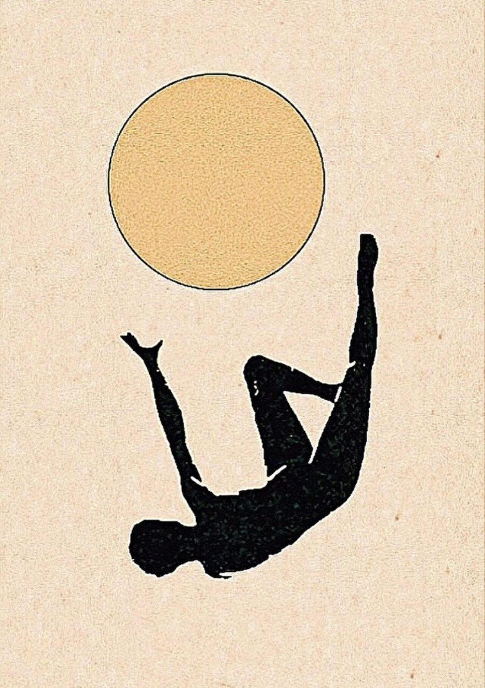 Abstract illustration of a silhouetted figure falling or reaching towards a large sun-like circle. The artwork symbolizes the theme of relinquishing control over uncontrollable aspects.