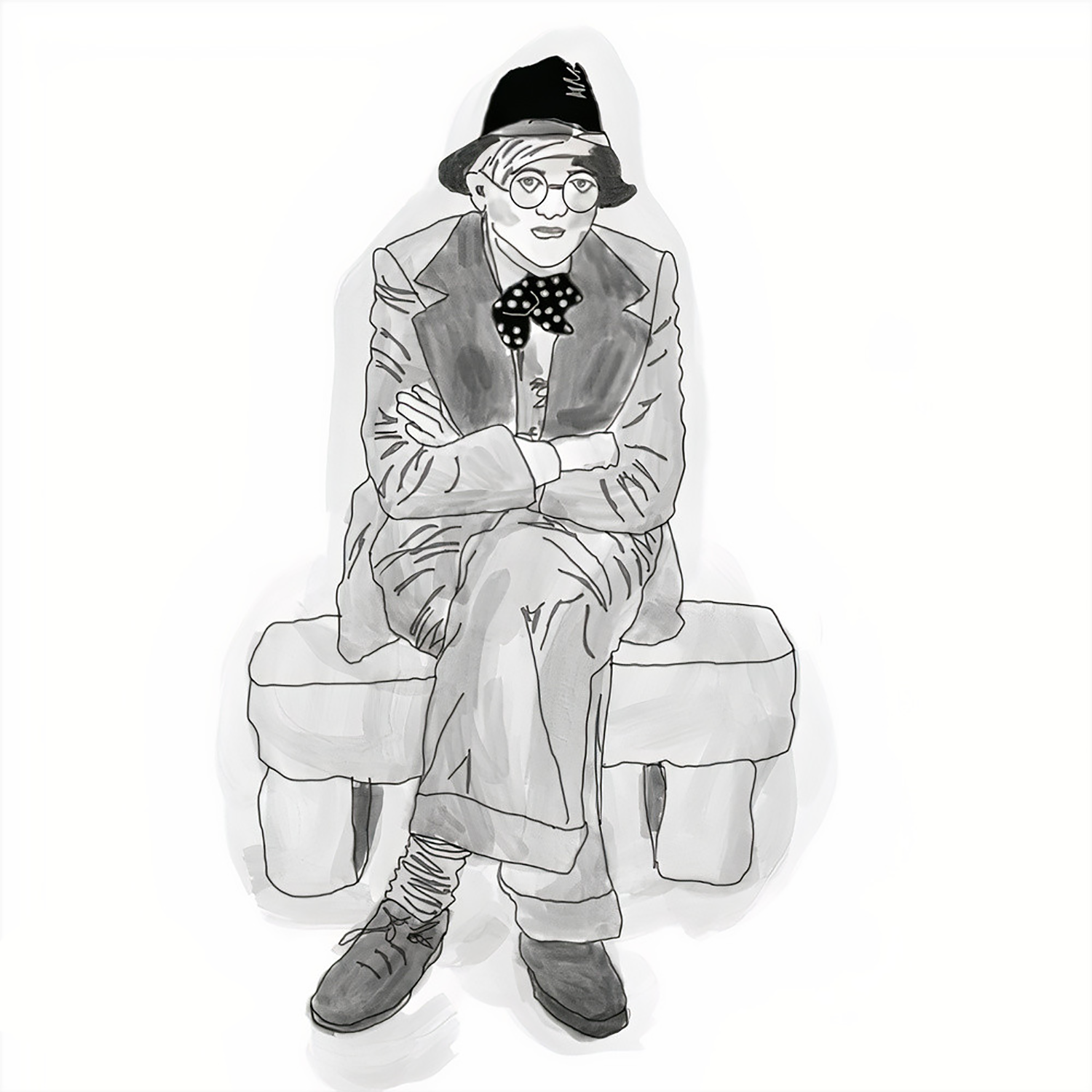 Black and white sketch of David Hockney in a hat and glasses, seated with crossed legs and folded arms, wearing a suit and polka dot bow tie.