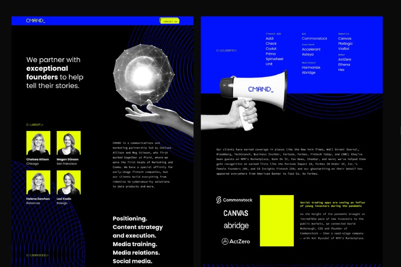 Two-page graphic design featuring business brand CMAND. The left page highlights text about partnering with exceptional founders, includes a glowing sphere above a hand, and features images of four team members. The right page focuses on client and media relations, includes a megaphone, and lists clients and accomplishments.