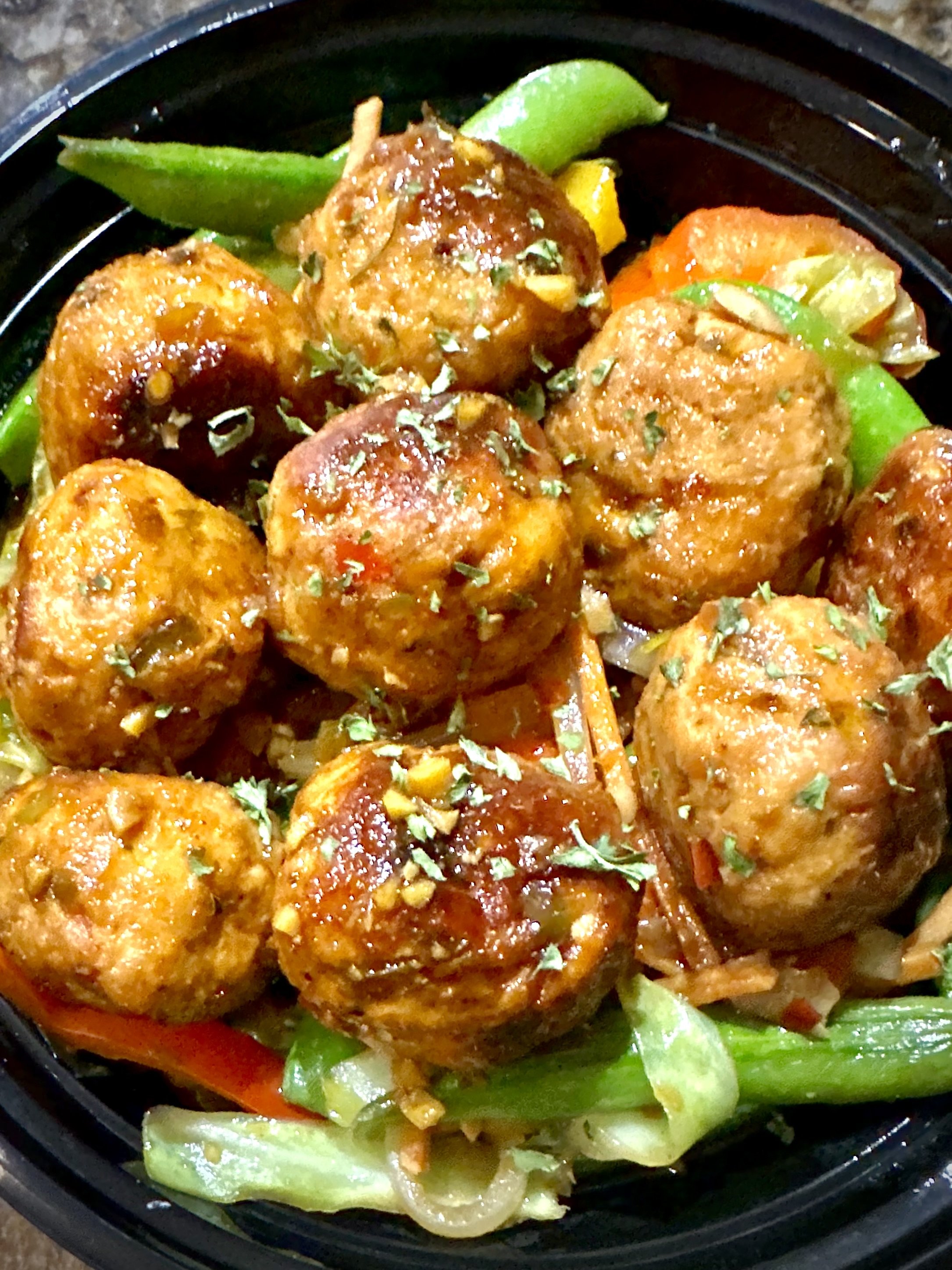Chili Pepper Chicken Meatballs with Sautéed Veggies