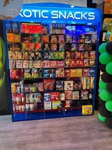 A snack display located at Exotic Snacks in Hoboken.