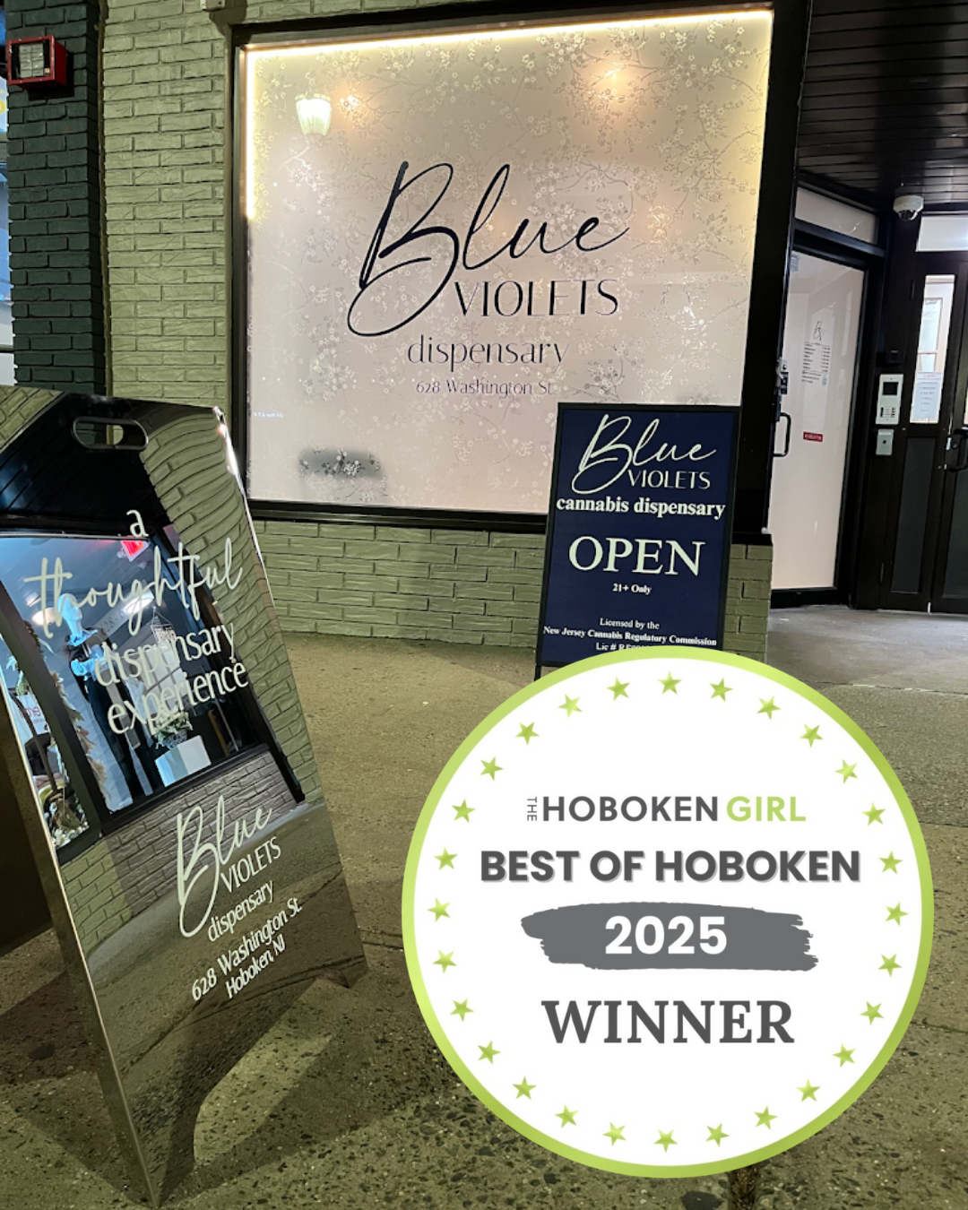 The outside of Hoboken cannabis dispensary, Blue Violets.