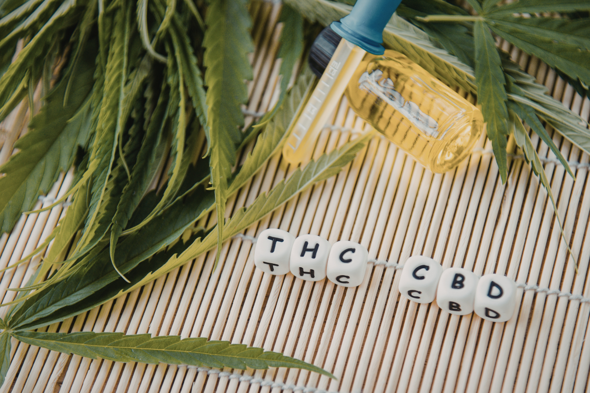 Cannabis leaves draped over dice spelling out THC and CBD