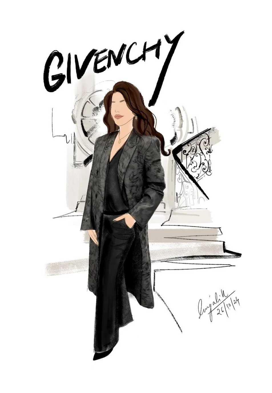 Illustration of a woman in a black suit standing in front of a staircase with the word 'GIVENCHY' written above.