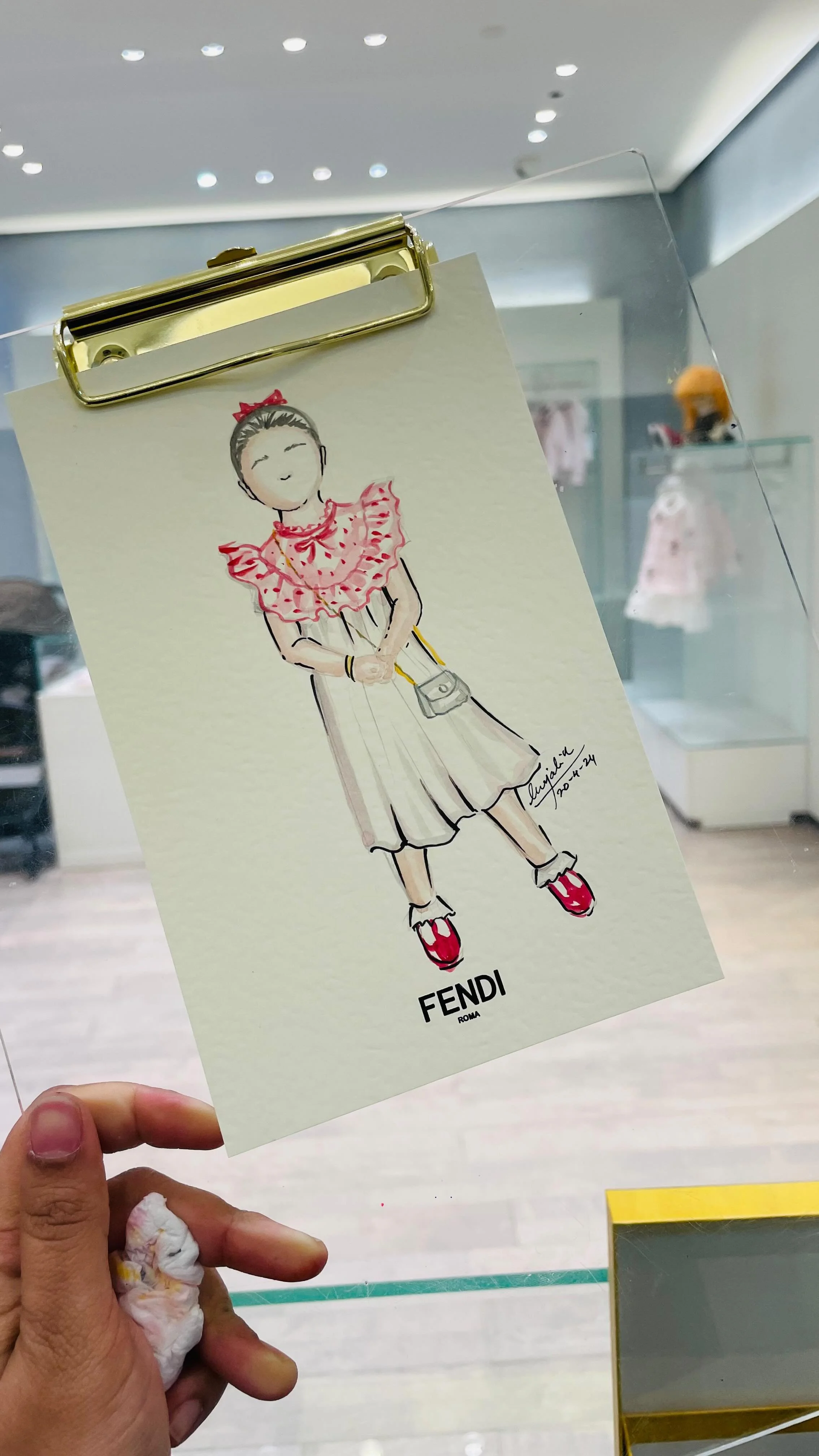 A hand holding a sketch of a girl in a dress with a red ruffled collar, red shoes, and a small handbag, displayed in a store or gallery with clothing and mannequins in the background.