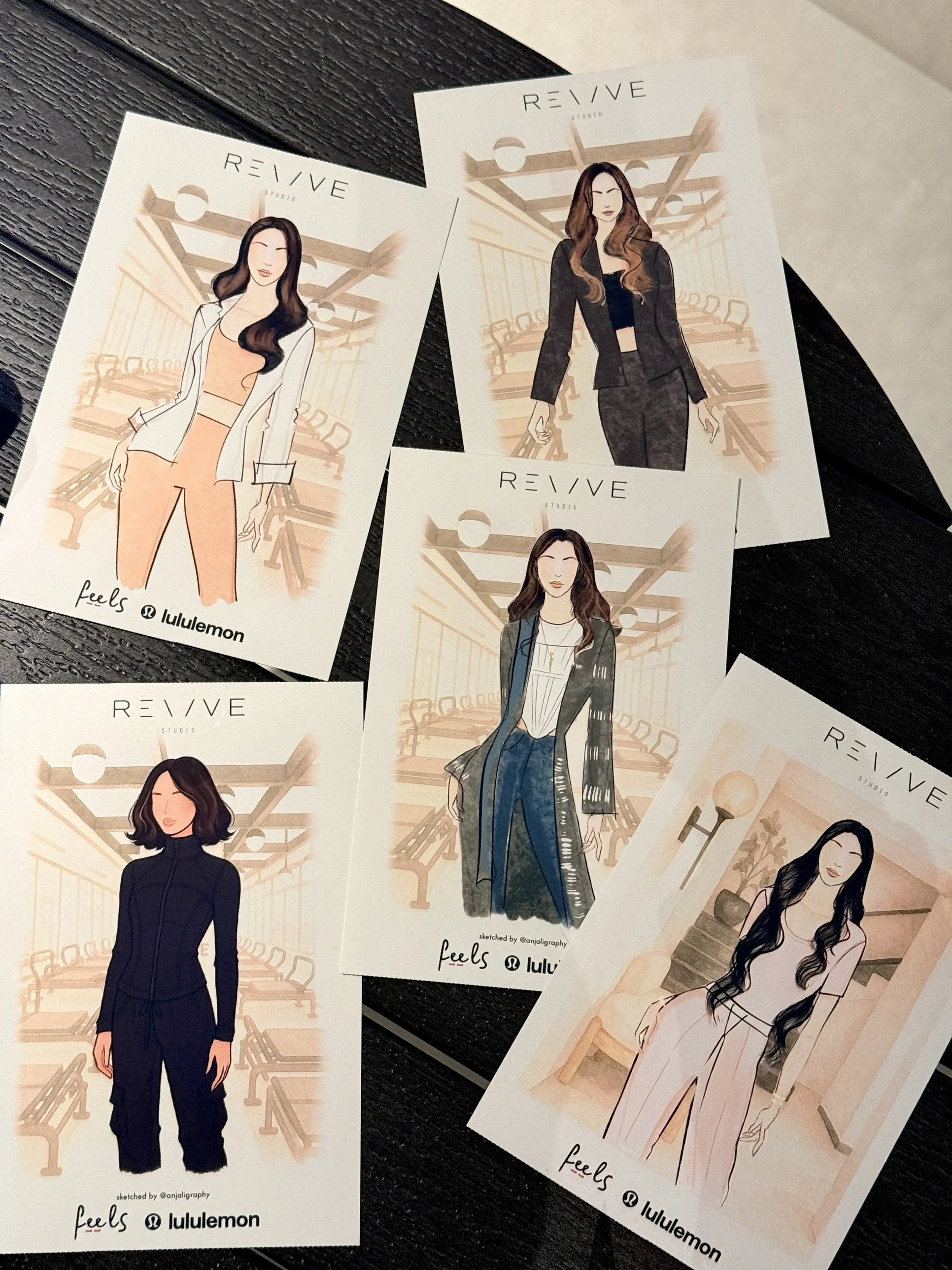 Illustrated fashion models in various outfits on promotional cards for REVISE studio, showcasing different clothing styles against a background of a stylized indoor setting with benches and lighting.