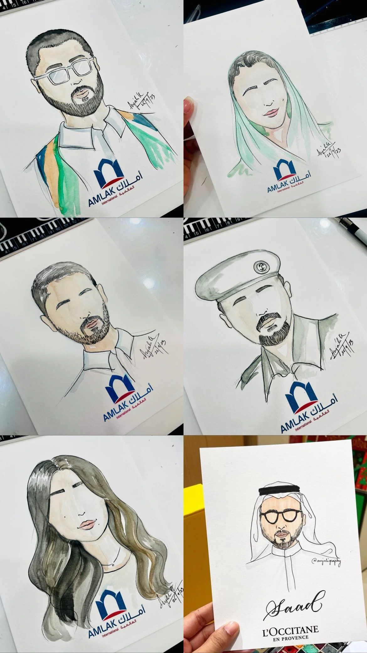 Set of framed hand-drawn illustrated portraits of various people, each signed and dated, featuring diverse illustrations with different styles and titles like 'Saad' and 'Hadi'.