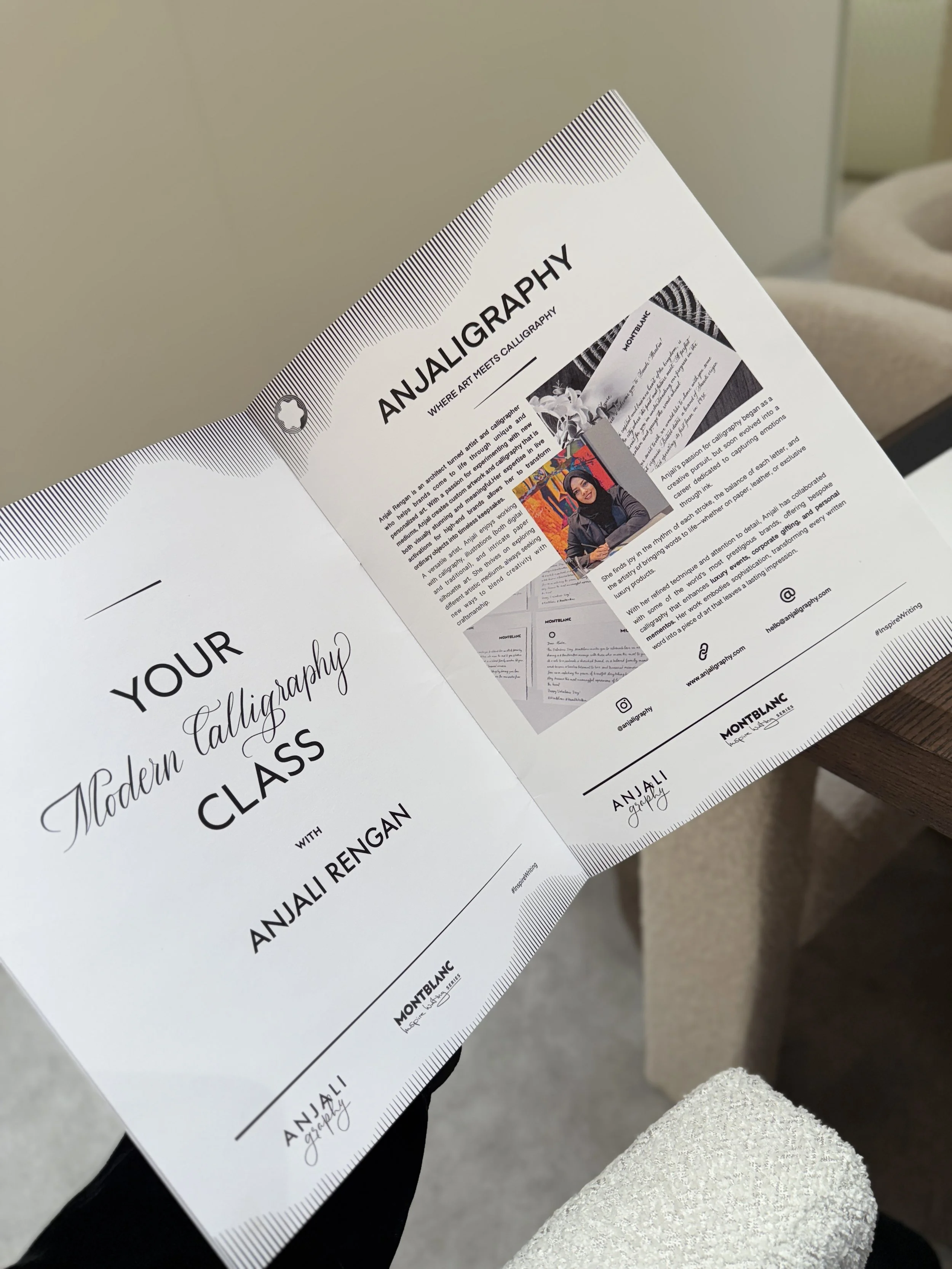 A printed flyer promoting modern calligraphy classes, featuring the title 'Your Modern Calligraphy Class' and a picture of a woman in a hijab sitting at a table with calligraphy artwork. The flyer includes details about the class with the instructor 