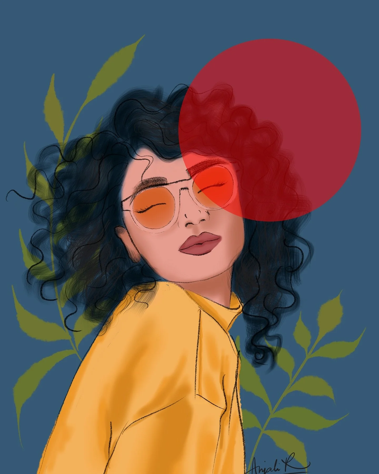Digital illustration of a girl with long, curly black hair, wearing glasses with orange-tinted lenses, yellow sweater, standing against a blue background with green leafy branches. A large red circle overlays part of her face.