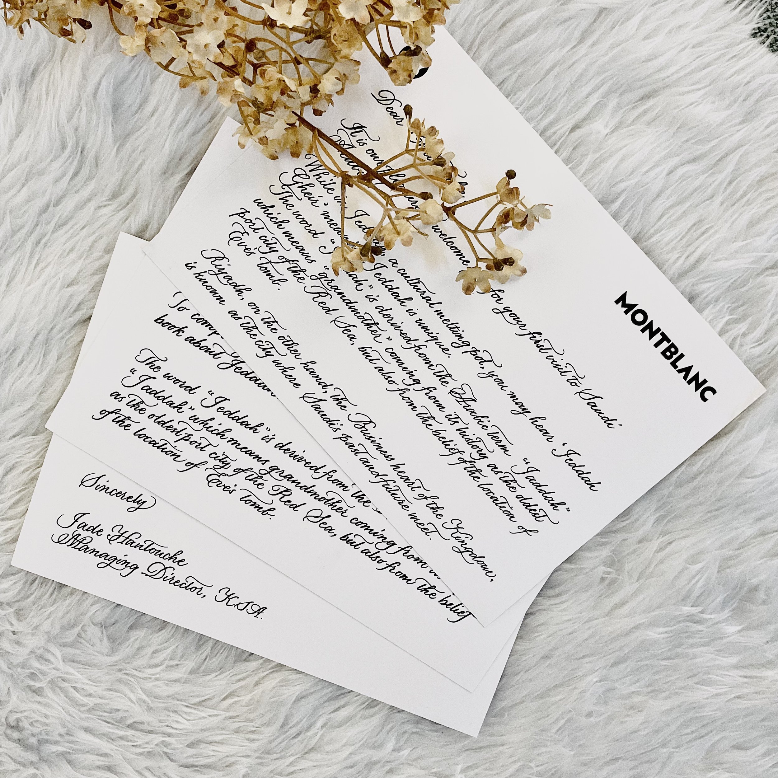 Close-up of a handwritten letter placed on a soft, white, furry surface with a sprig of dried small white flowers resting on top of the paper.