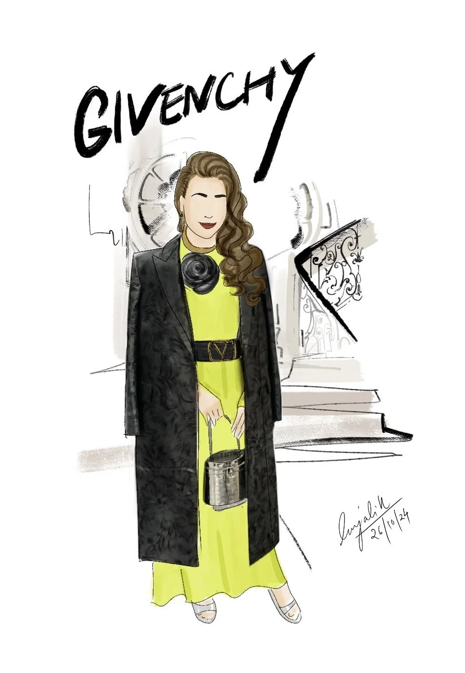 Fashion illustration of a woman standing in front of a staircase with 'GIVENCHY' written above her head. She wears a black long coat over a bright yellow outfit, with a black belt, heels, and carries a silver handbag. The background features architec