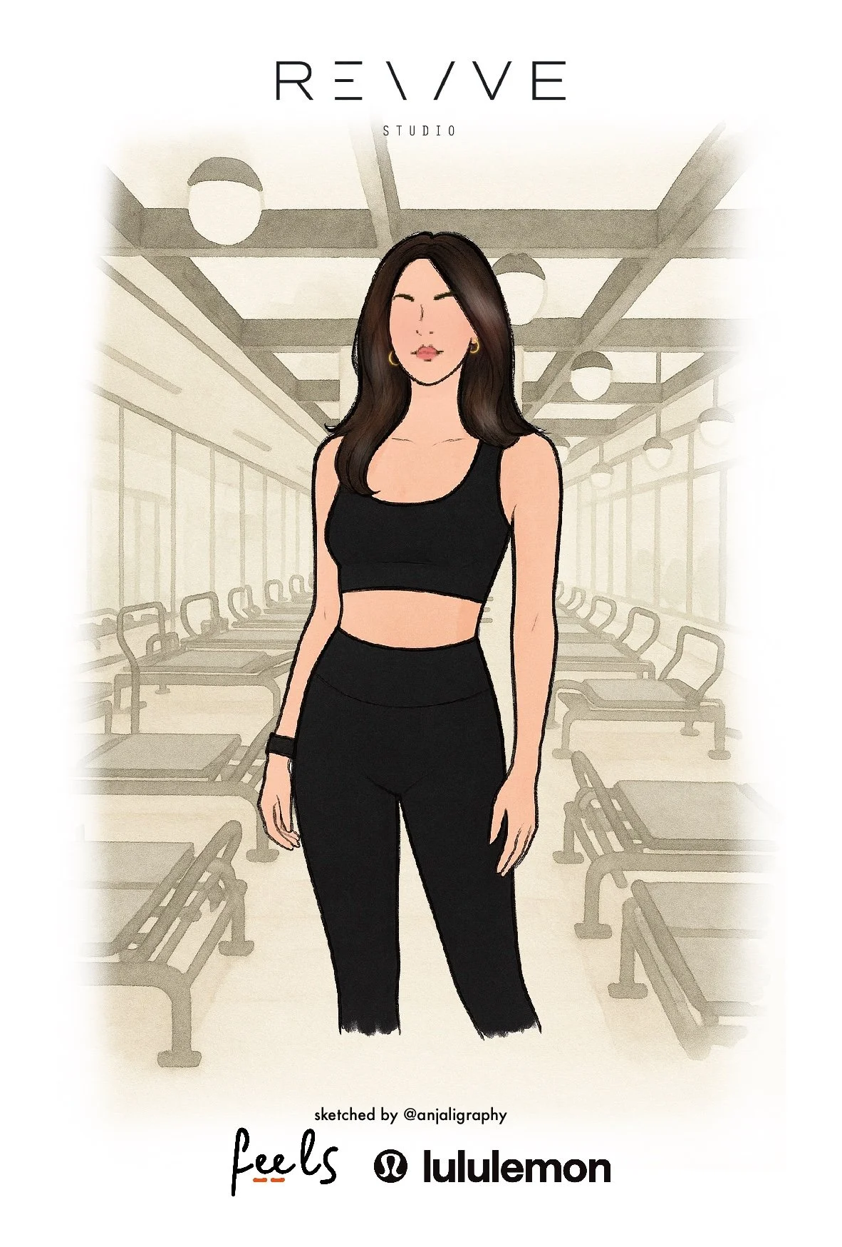 Illustration of a woman in athletic wear standing in a gym with exercise mats and chairs in the background. The woman has dark hair, wears a black sports bra, black leggings, and gold hoop earrings. The image includes the text 'ReVive Studio' at the 