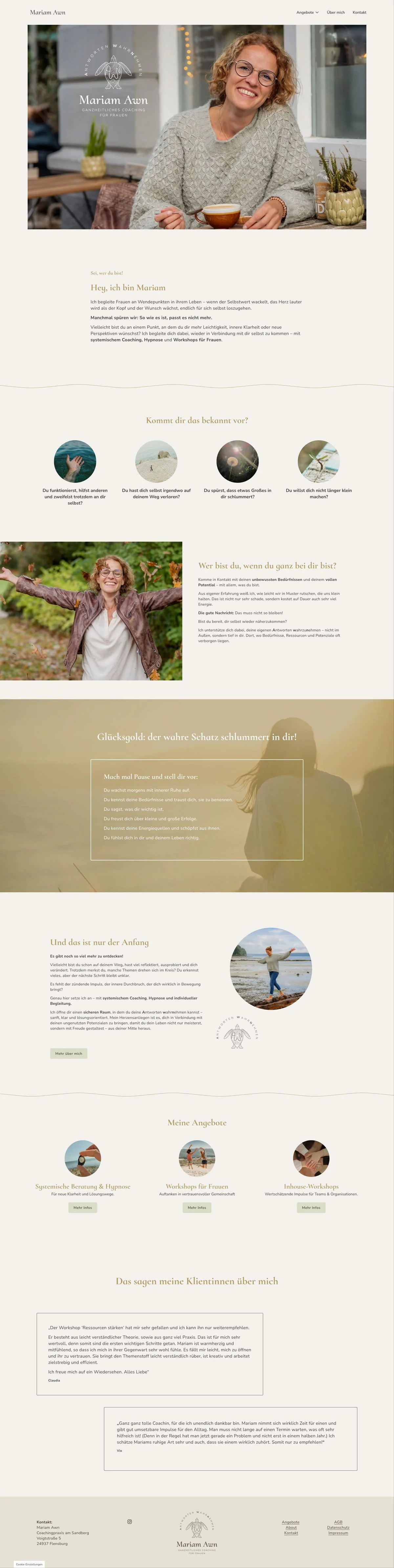Ansicht der Startseite von Mariam Awn, systemische Therapeutin in Flensburg.