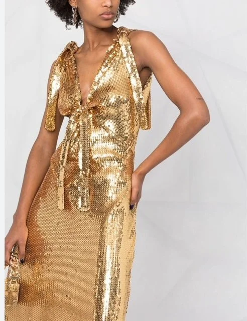 Paco Rabanne - Gold mesh tie front midi dress Black Book Style | Toronto Designer Dress Rentals Paco Rabanne - Gold mesh tie front midi dress Black Book Style | Toronto Designer Dress Rentals
