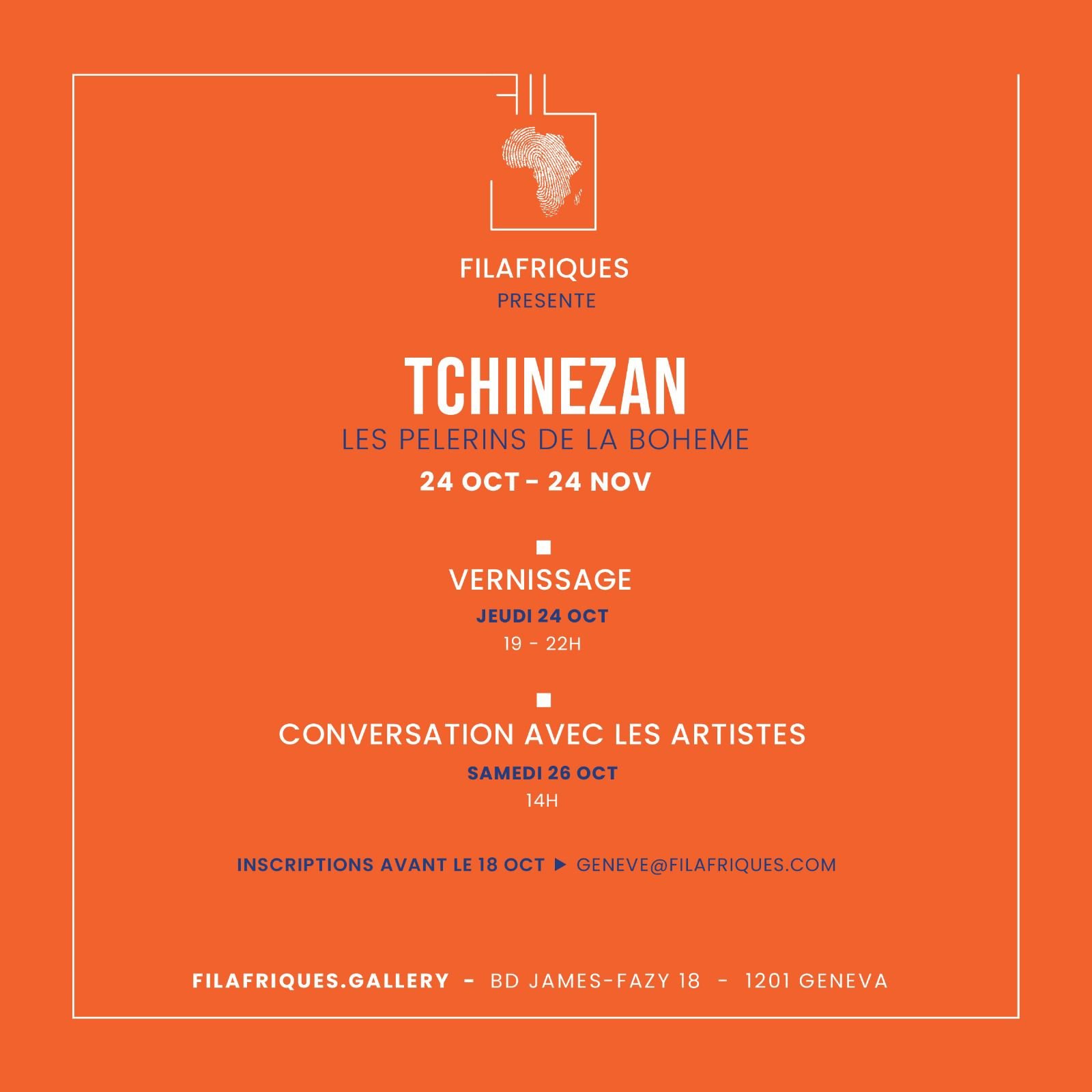 Event poster with an orange background promoting an art exhibition called Tchinezam by Filafirques, featuring events from October 24 to November 24 in Geneva, Switzerland. Includes details about an opening reception on October 24 and an artist talk on October 26.