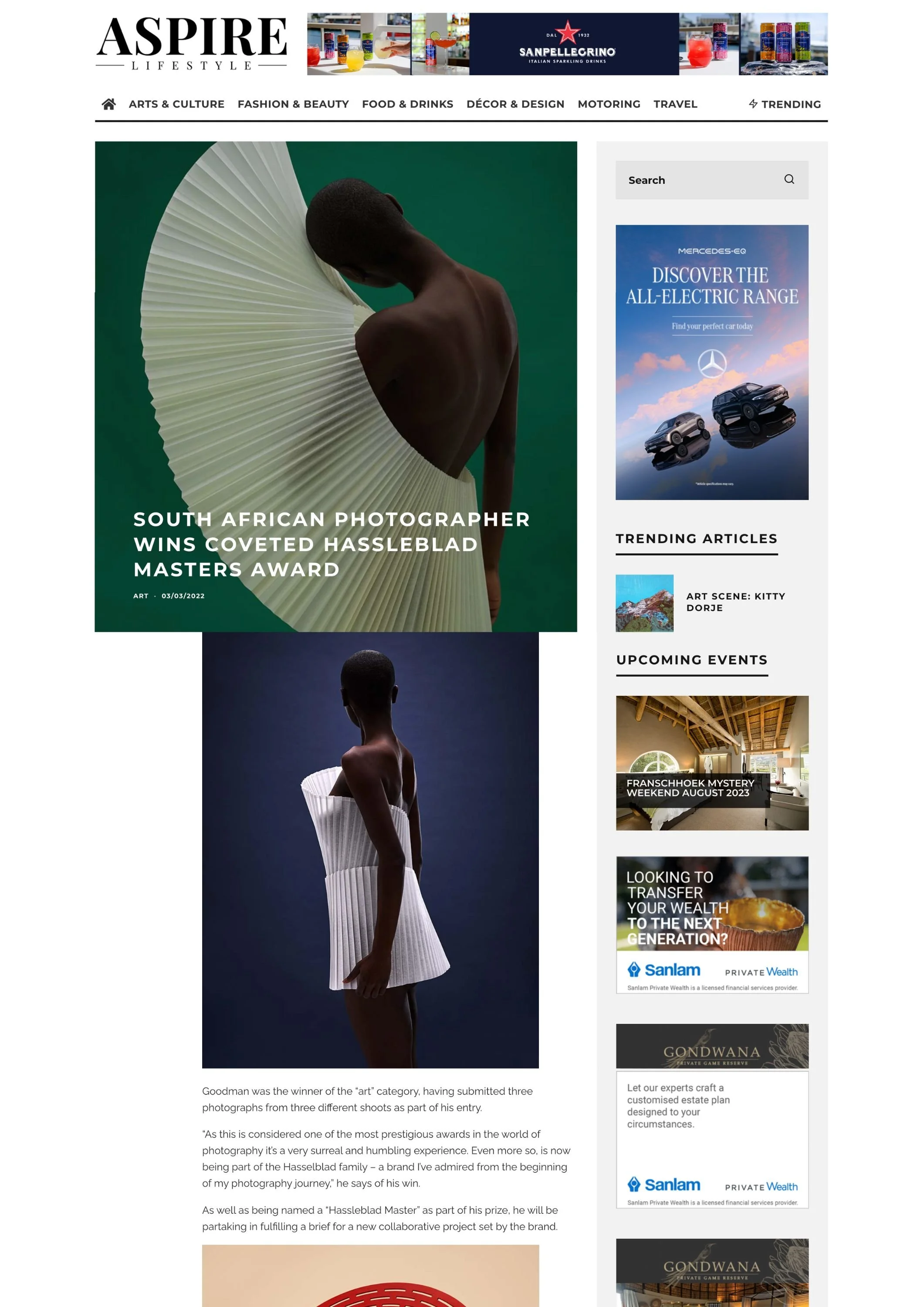 Two photographs of a dark-skinned model wearing unique white pleated clothing, with a green background in the first photo and a dark blue background in the second.