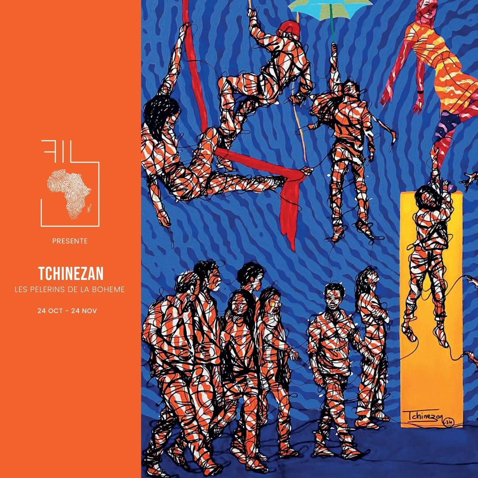 A colorful abstract drawing of multiple people in orange and white striped clothing, some climbing on a red trapeze, others standing on the ground, against a blue background. The left side of the image has an orange section with white text promoting an exhibition titled 'TCHINEZAN' at Les Pelerins De La Boheme, running from October 24 to November 24.