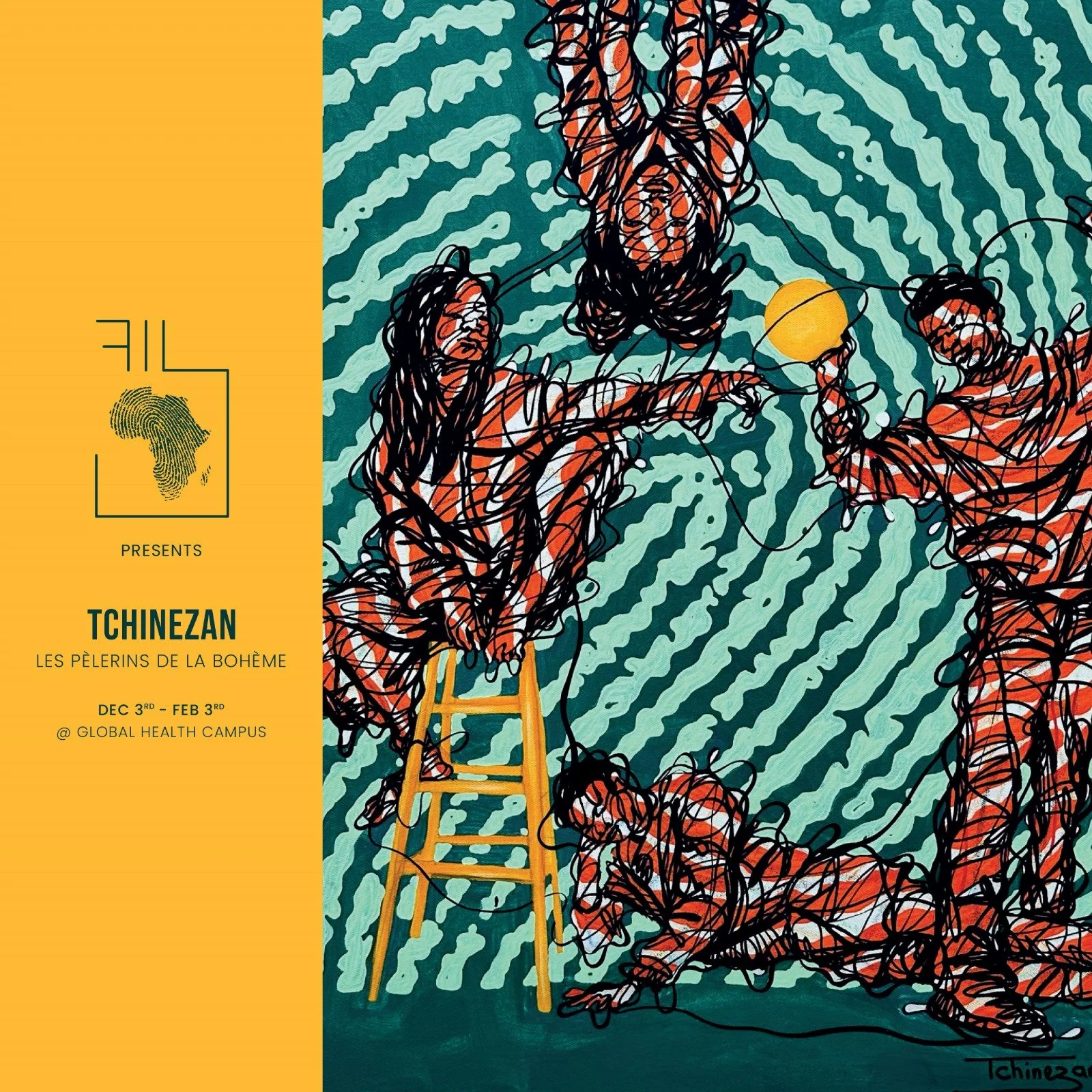 Colorful abstract artwork depicting two individuals connected by black lines, with one sitting on a yellow ladder and holding a string attached to a yellow circle, against a patterned blue background. A yellow panel on the left contains event details for an exhibition titled 'Tchinezan' by Les Pèlerins de la Bohème, from December 3rd to February 3rd, at the Global Health Campus.
