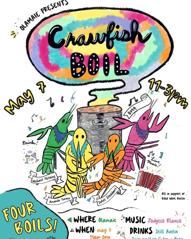 Win two tickets to the SOLD OUT MaieB Hospitality Crawfish Boil this Sunday!

You'll get good eats, music, and fun; proceeds will support Good Work Austin! There will be four different boils from the team of chefs behind @Olamaie, @littleolasbiscuits