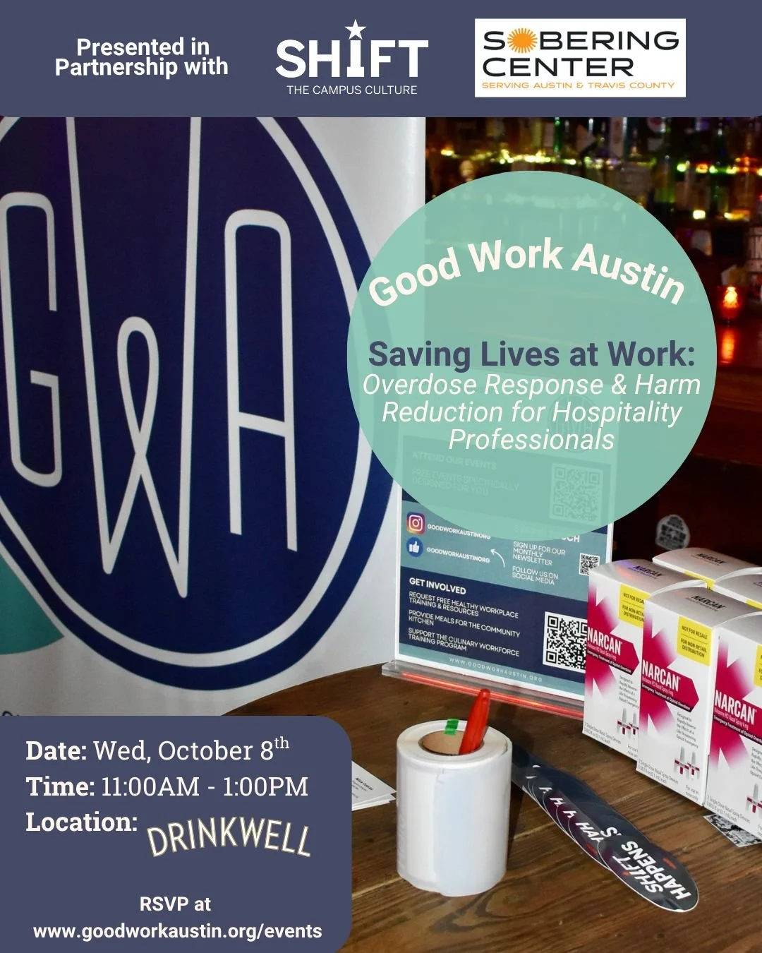 Join us this Wednesday, Oct 8 at @drinkwellaustin for a hospitality-focused training on opioid overdose response + harm reduction.

Learn how to:
✔️ Recognize &amp; respond to overdoses
✔️ Administer naloxone (Narcan)
✔️ Make your workplace a Soberin