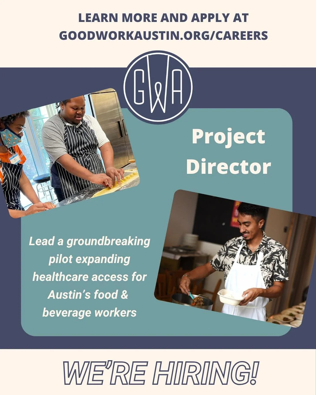 We&rsquo;re hiring!

Good Work Austin is immediately seeking a Project Director to lead an exciting new pilot that will expand healthcare access for restaurant and hospitality workers across Travis County.

This is a full-time, hybrid role (Austin-ba