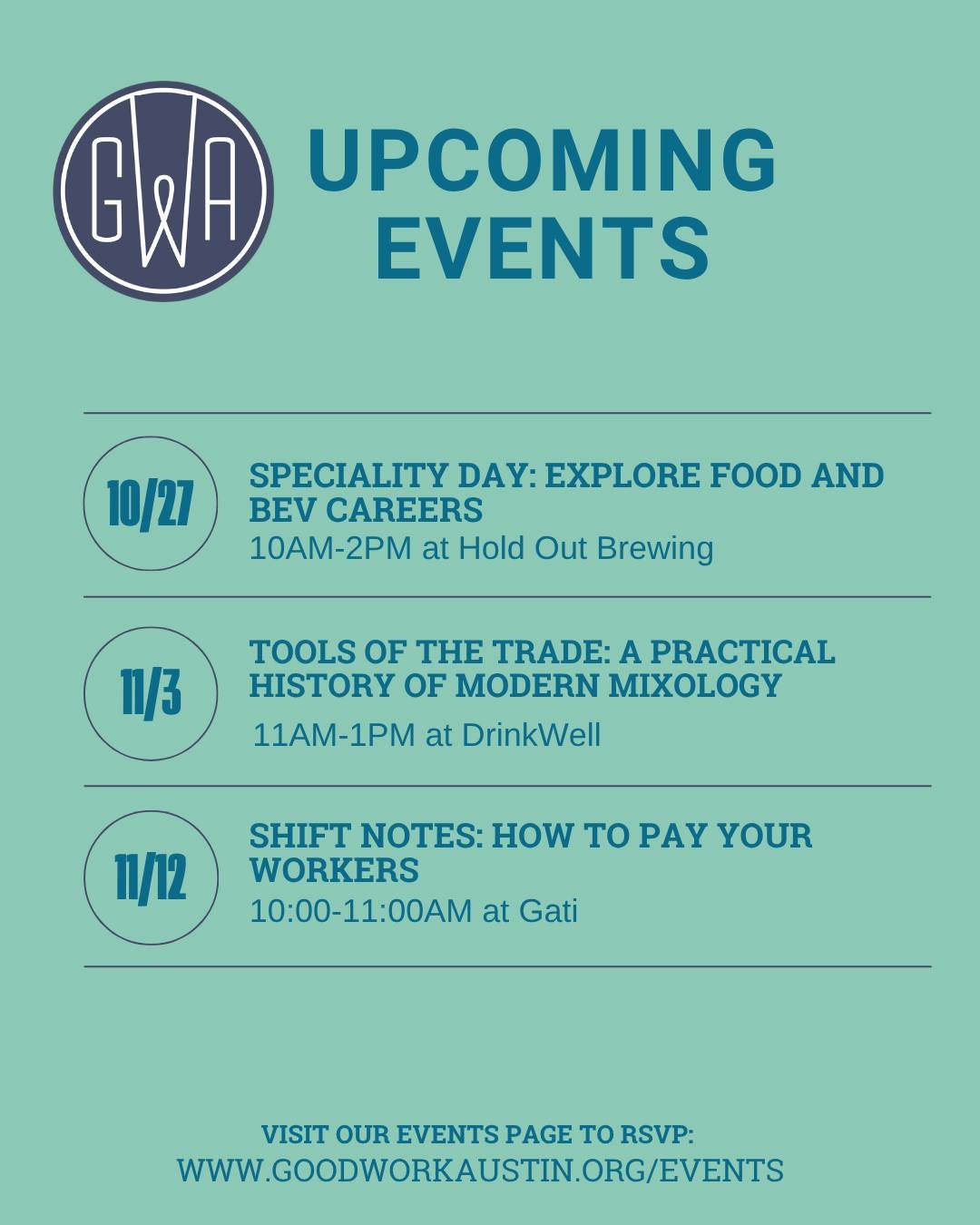 Don't miss our upcoming GWA events! From exploring new career paths and building industry skills to connecting with fellow food &amp; bev professionals, we've got something for everyone!

✨ Reminder: GWA members and their staff can attend our events 