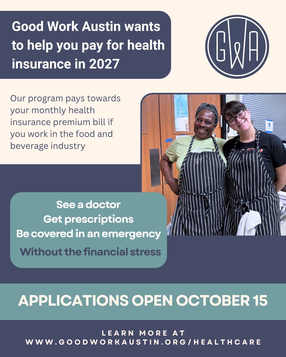 We need your help spreading the word!

Good Work Austin is officially expanding our Healthcare Access Program from 25 to 110 food and beverage workers this year.

That means 85 more workers will have access to support paying for their health insuranc