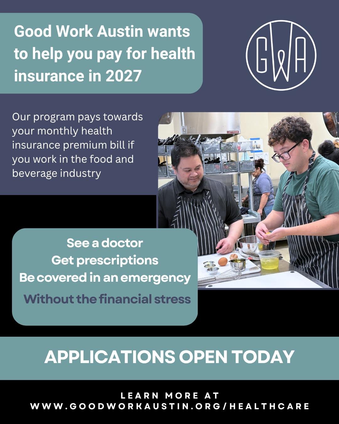 APPLICATIONS ARE OPEN! 

Today is the day! Applications are officially open for Good Work Austin&rsquo;s Healthcare Access Program.

If you work in Austin&rsquo;s food and beverage industry, you may qualify for help getting affordable health insuranc