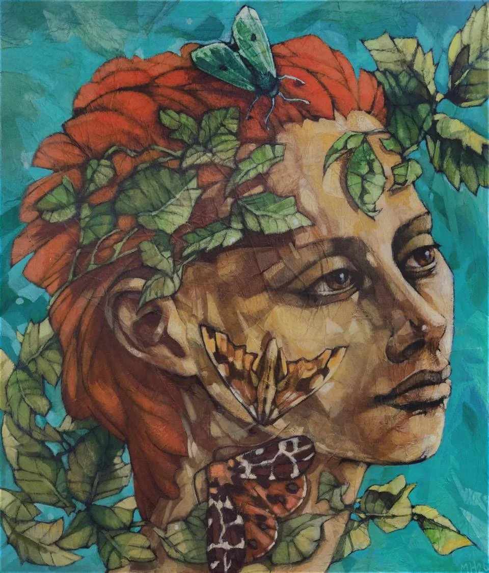 'Girl with Moths' Acrylic on to wood panel.  35cm x 30cm. £250