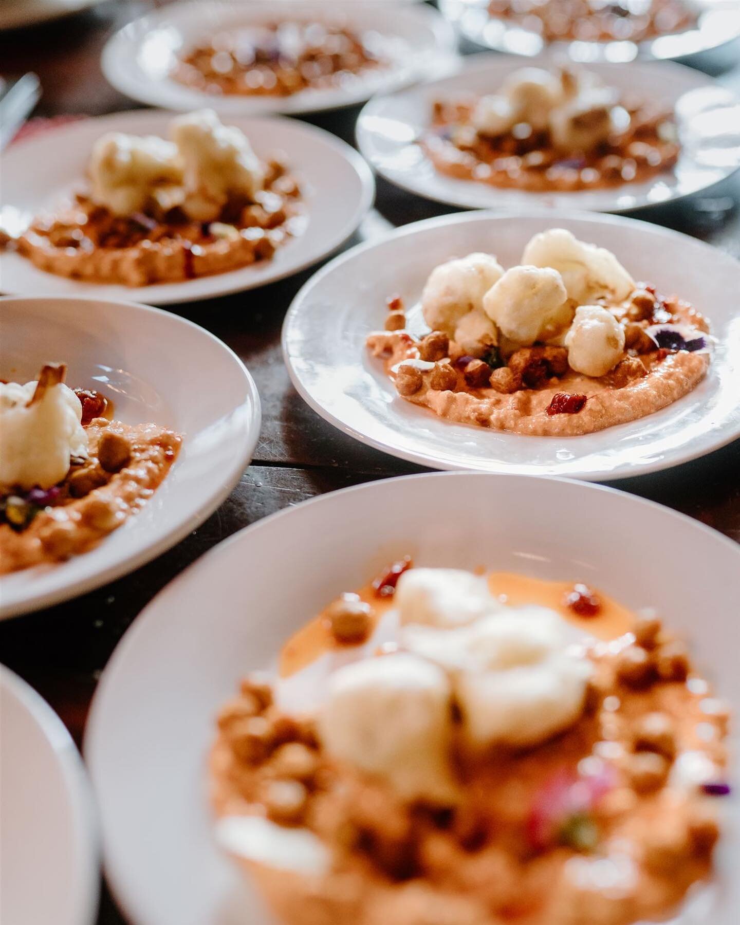 Elegant first bites: Tempura Cauliflower , Harissa Whipped Feta, Roasted Garbanzos 

We love being asked for special menus like this all-vegetarian dinner because it gives us a another parameter to get creative around. This was the first course of a 