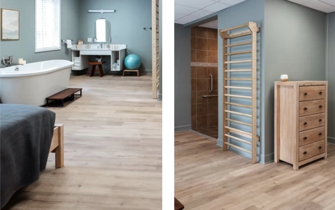 Haven Birth Suite with bed, tub and shower