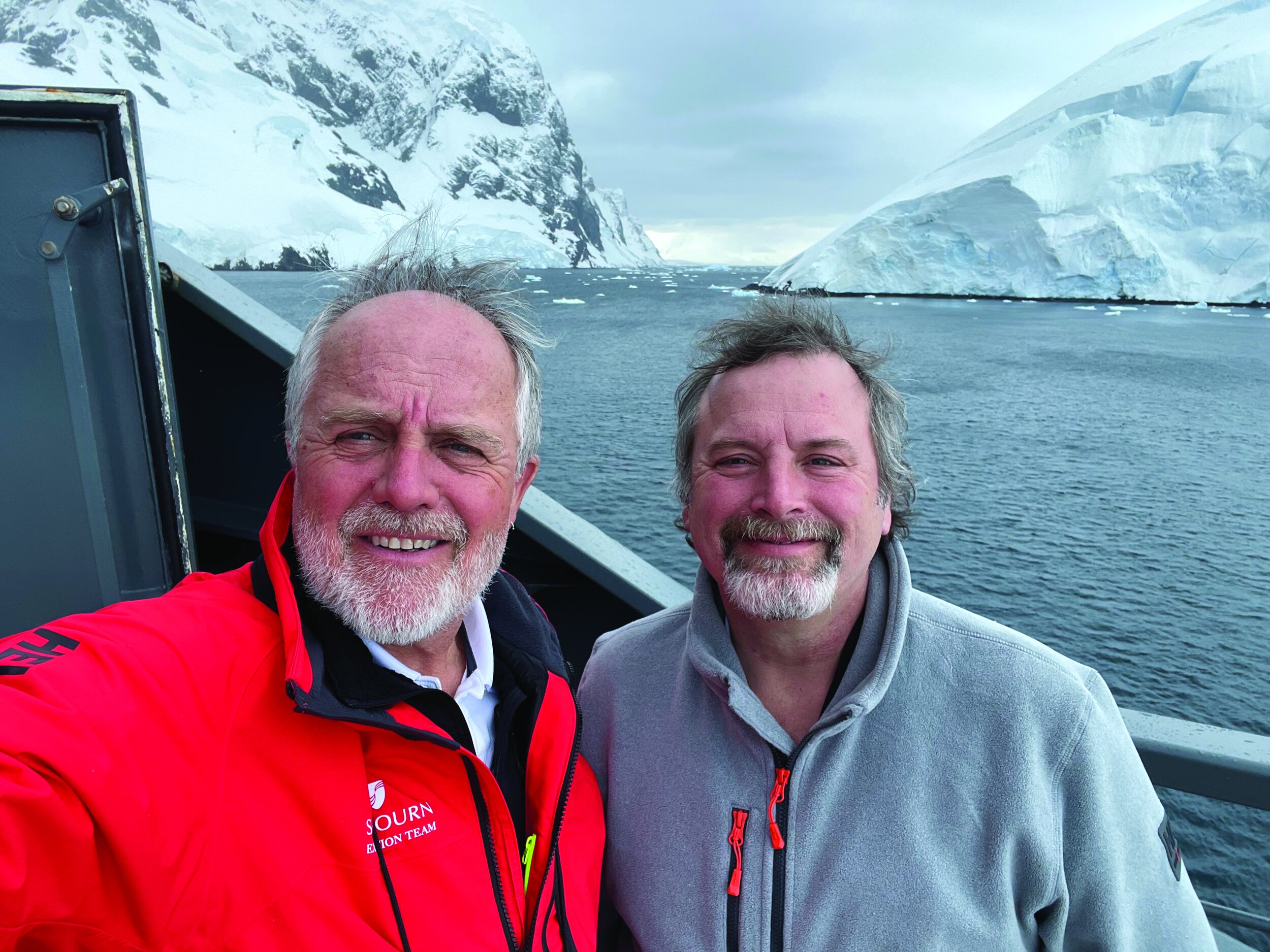 Toby Stephenson ’98 and Sean Todd in front of the Lemaire Channel, off the Antarctic Peninsula, aboard "Seabourn Venture"