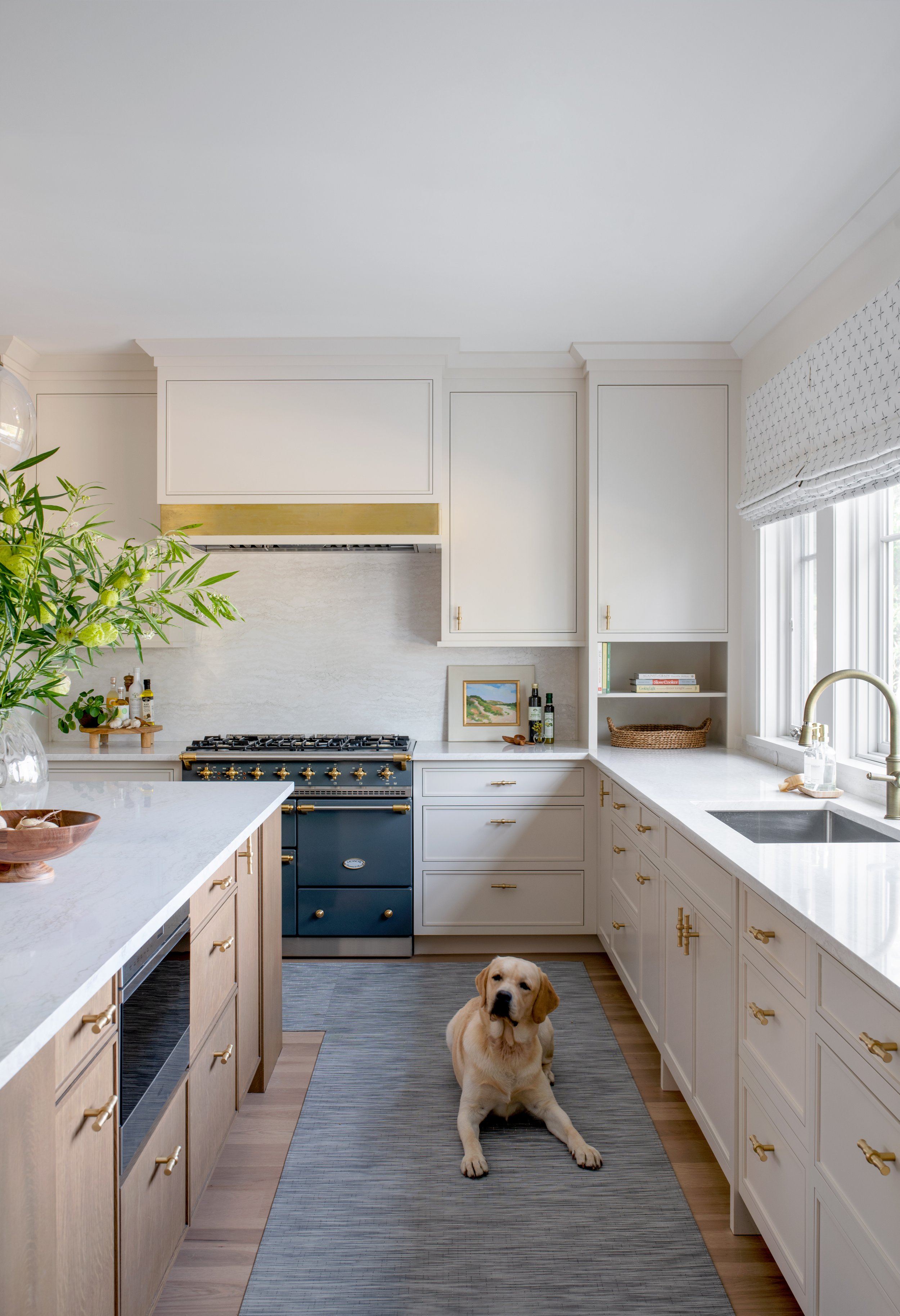 Coastal kitchen with yellow lab dog on a cleanable kitchen runner. White kitchen with brass accents.
