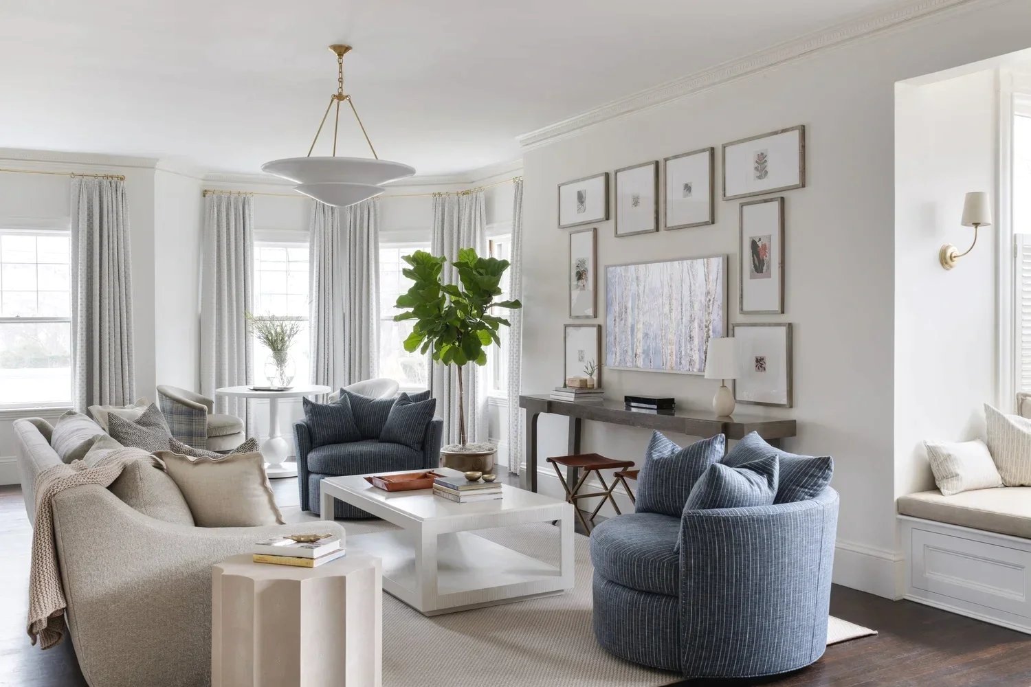 North Shore Massachusetts interior design featuring a classic Colonial Victorian home with timeless furnishings, layered textures, natural tones, and blue accents.