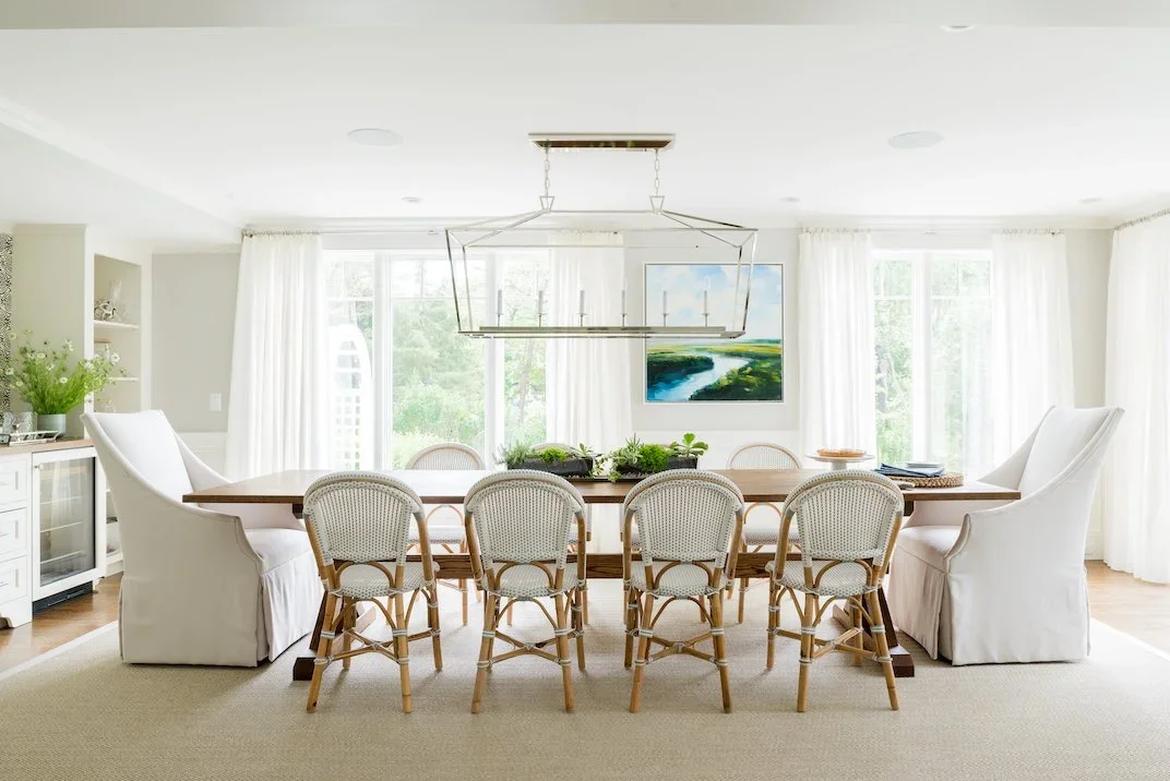 Norwell, Massachusetts interior design for a North Shore home overlooking the North River, featuring a custom kitchen, living room, and dining room renovation.