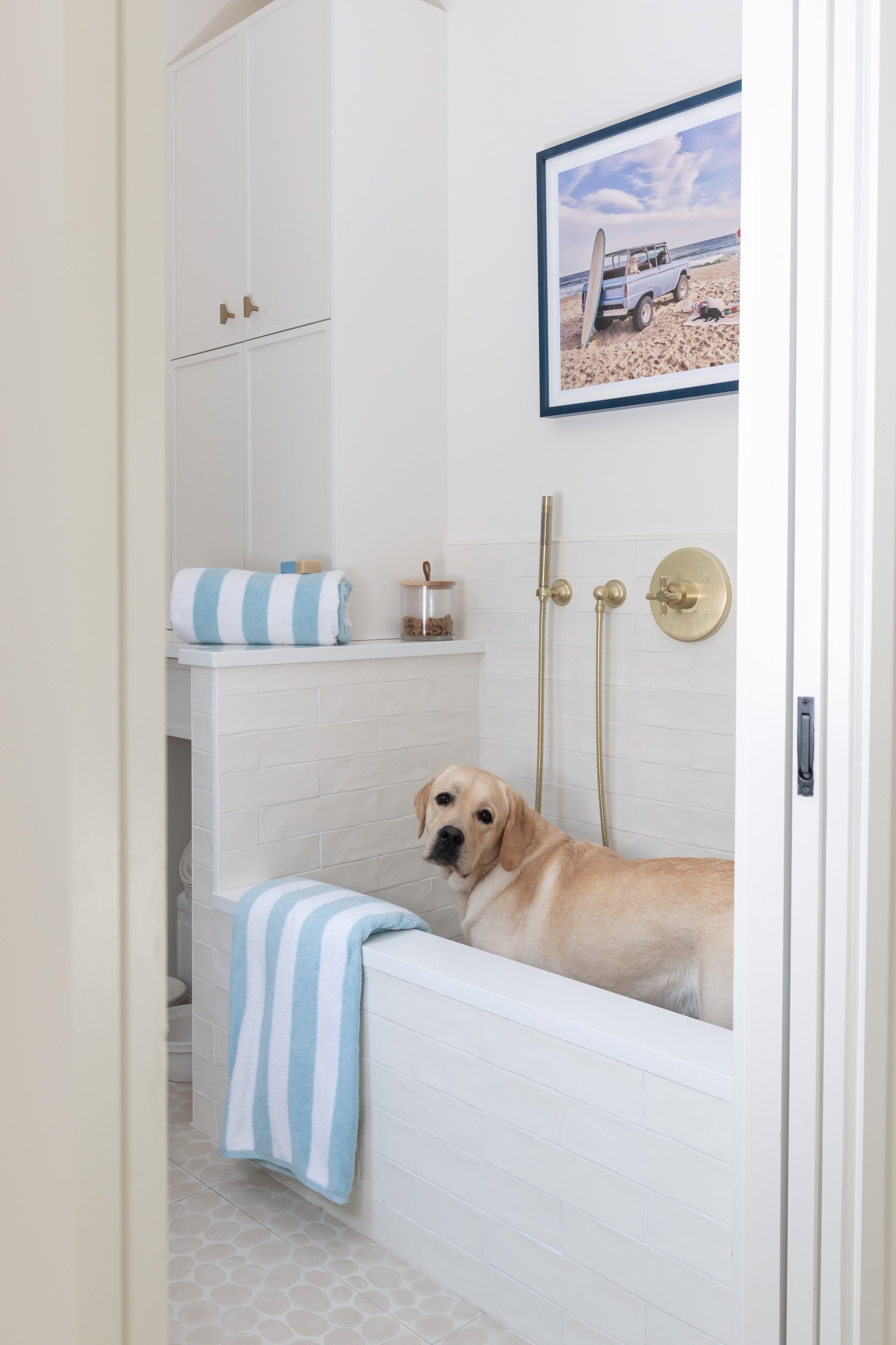 Coastal dog wash with a yellow lab, white tile, and a cleanable tile floor. Mudroom Dog Wash.