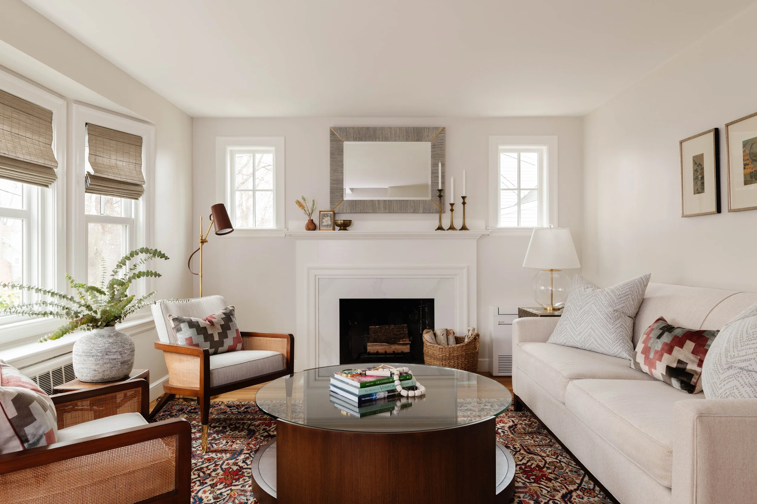 Full interior design by Justine Sterling Design for a Melrose, MA Cape-style home, featuring a complete renovation, modern textures, a clean timeless palette, and Eastern-inspired artwork