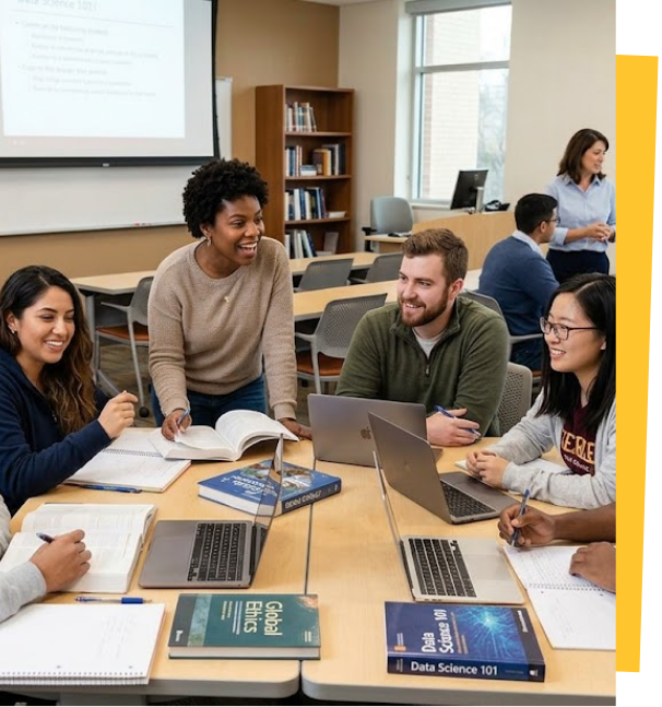 Group of five diverse students studying and collaborating in a classroom, with laptops, notebooks, and textbooks on the table.