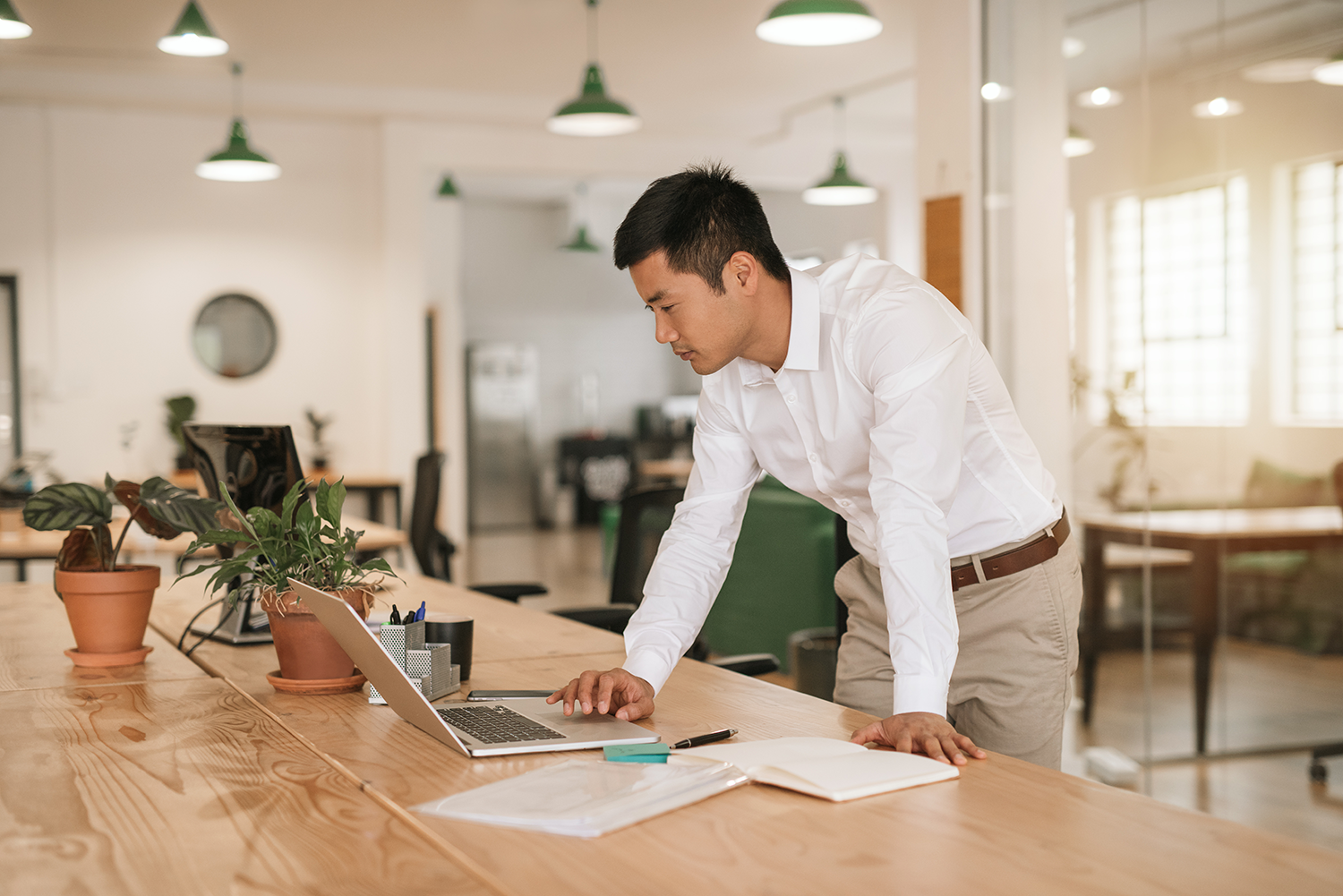 Man in white shirt leaning over a wooden table with plants, notebooks, and a laptop in an office setting.