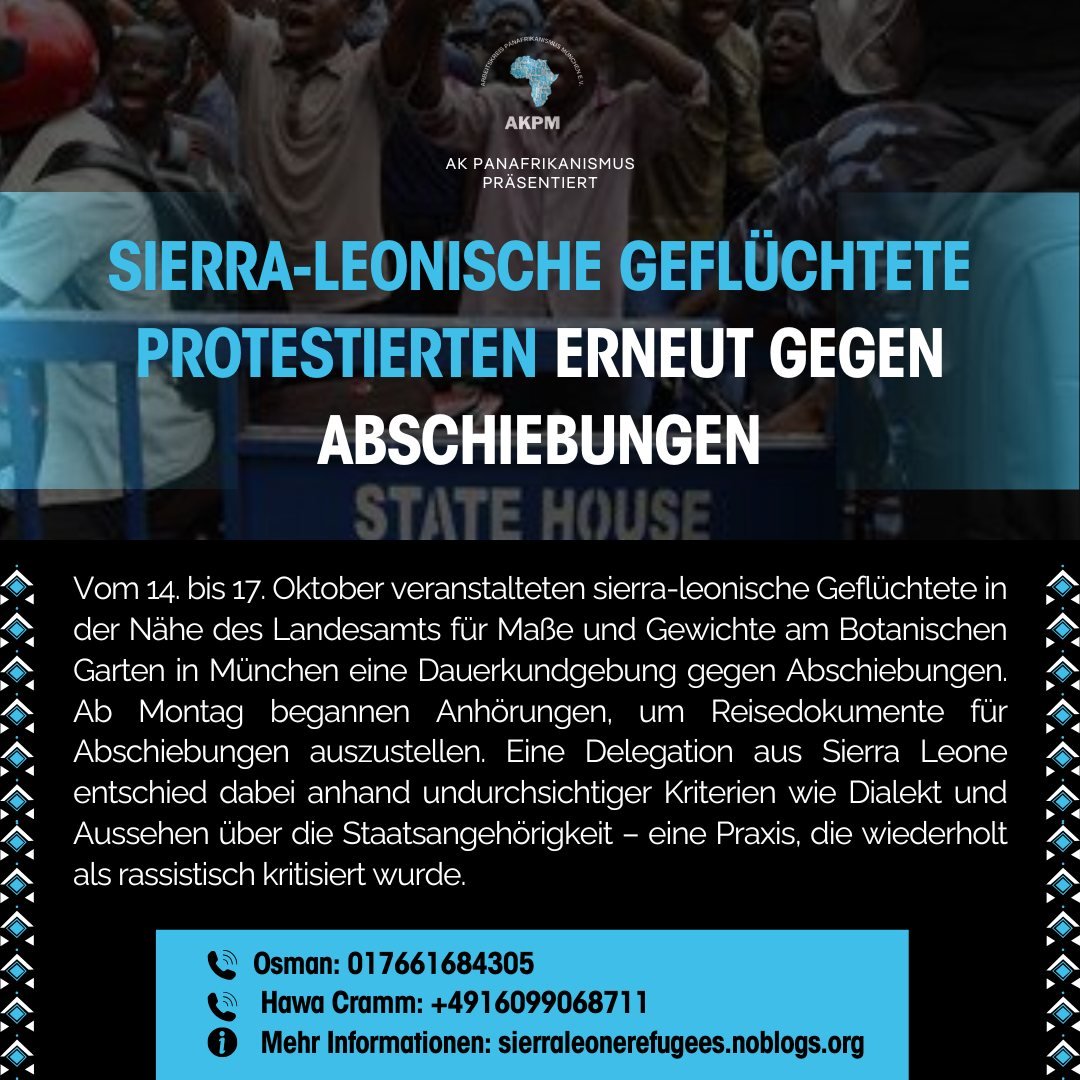✊🏽 Sierra-leonische Gefl&uuml;chtete protestieren vom 14. bis 17. Oktober gegen Abschiebungen! 🇸🇱🗣️ Sie fordern Gerechtigkeit, w&auml;hrend die Anh&ouml;rungen f&uuml;r Reisepapiere beginnen. Viele haben Familien, Jobs und Ausbildungen in Deutsch