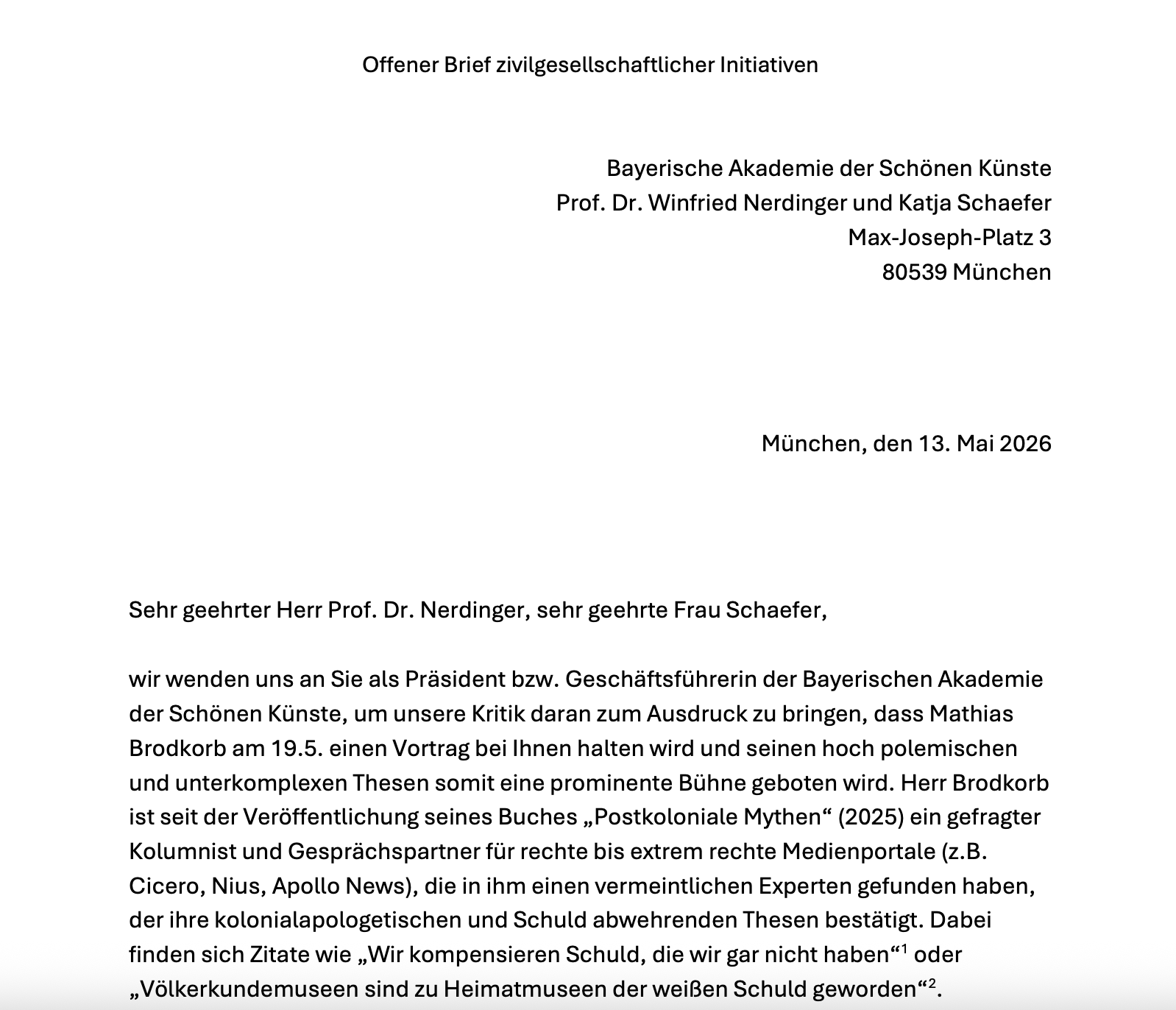 Offener Brief: Auftritt von Mathias Brodkorb in München