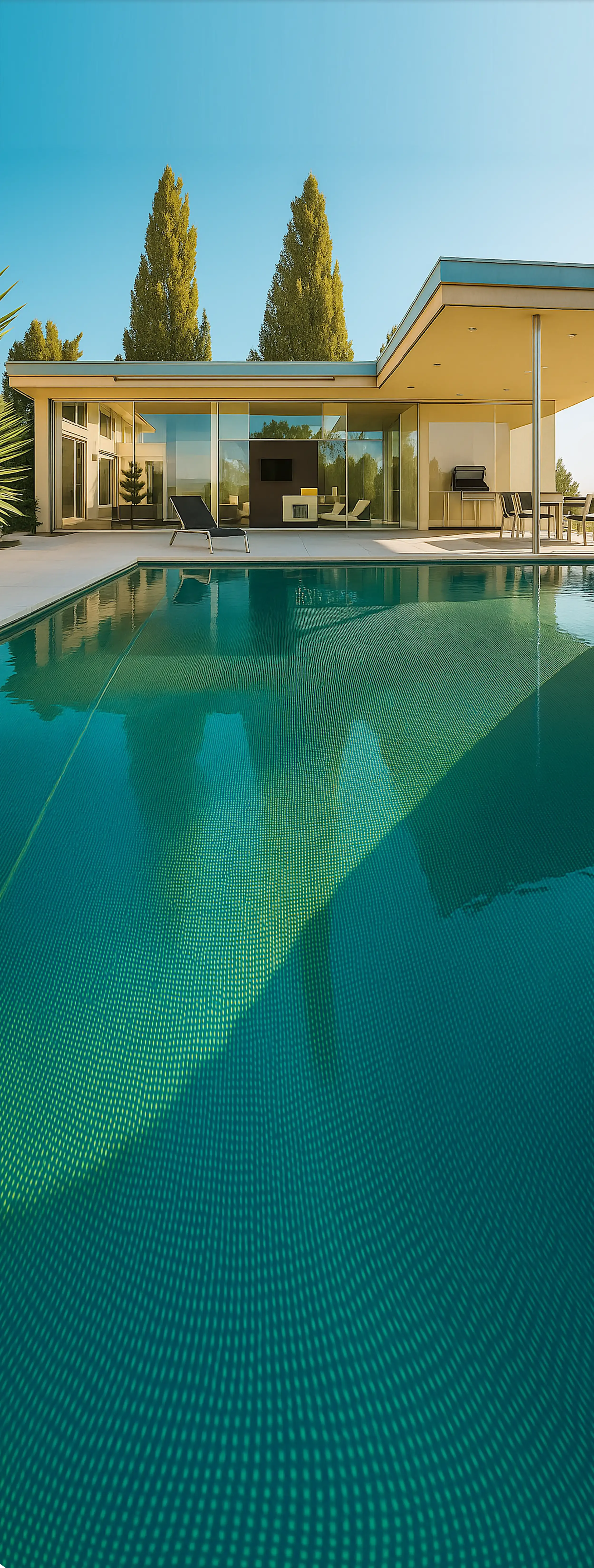 Modern house with large glass windows, outdoor patio, black lounge chair, and swimming pool with green tiles, surrounded by tall trees and clear blue sky.