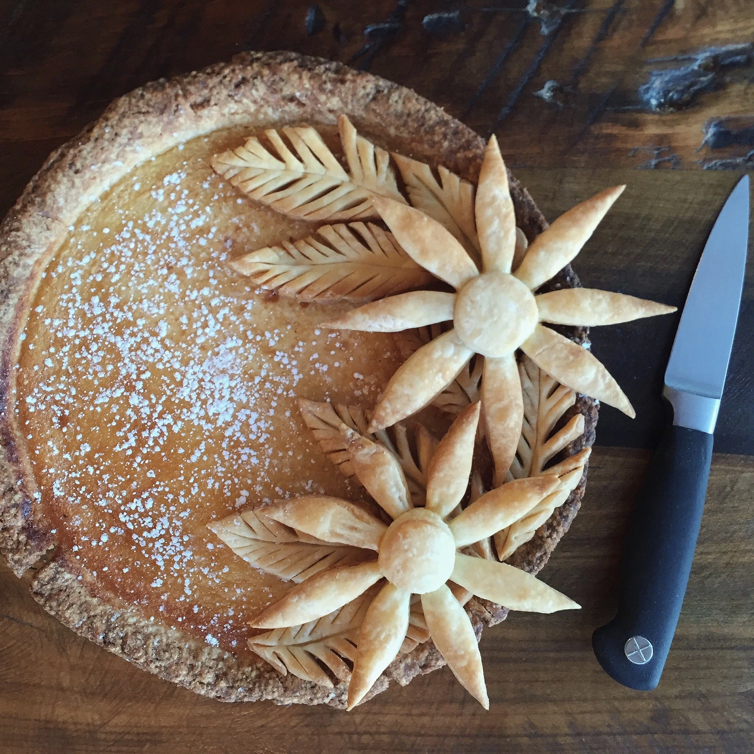 Lemon chess pie, freehand cut flower decorations, 2016