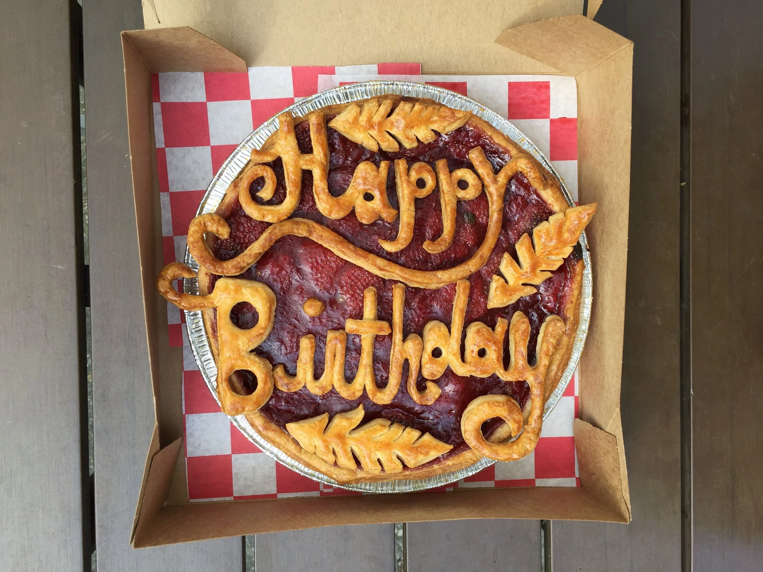 Happy birthday strawberry pie, freehand cut letters, 2015
