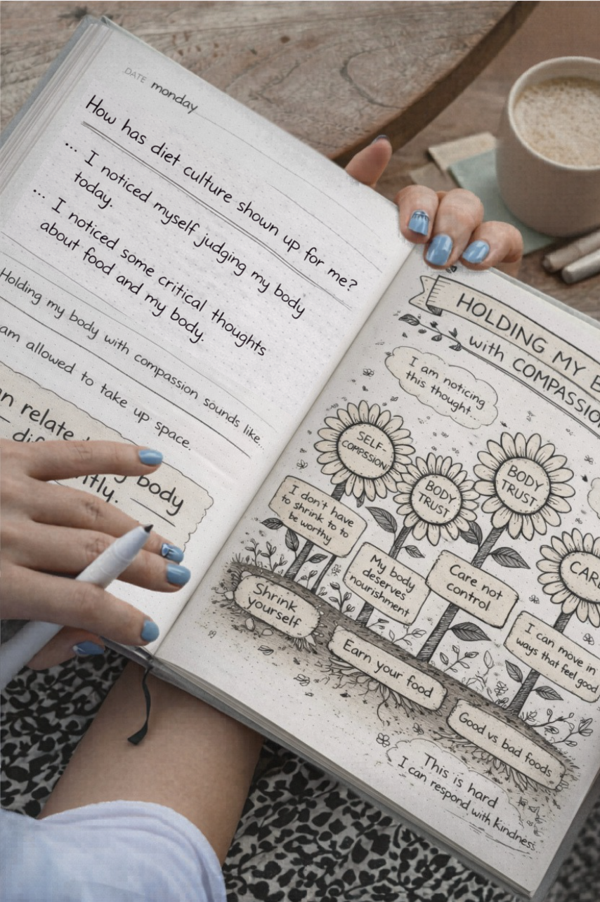 Photo image of person doodle journaling on body compassion.