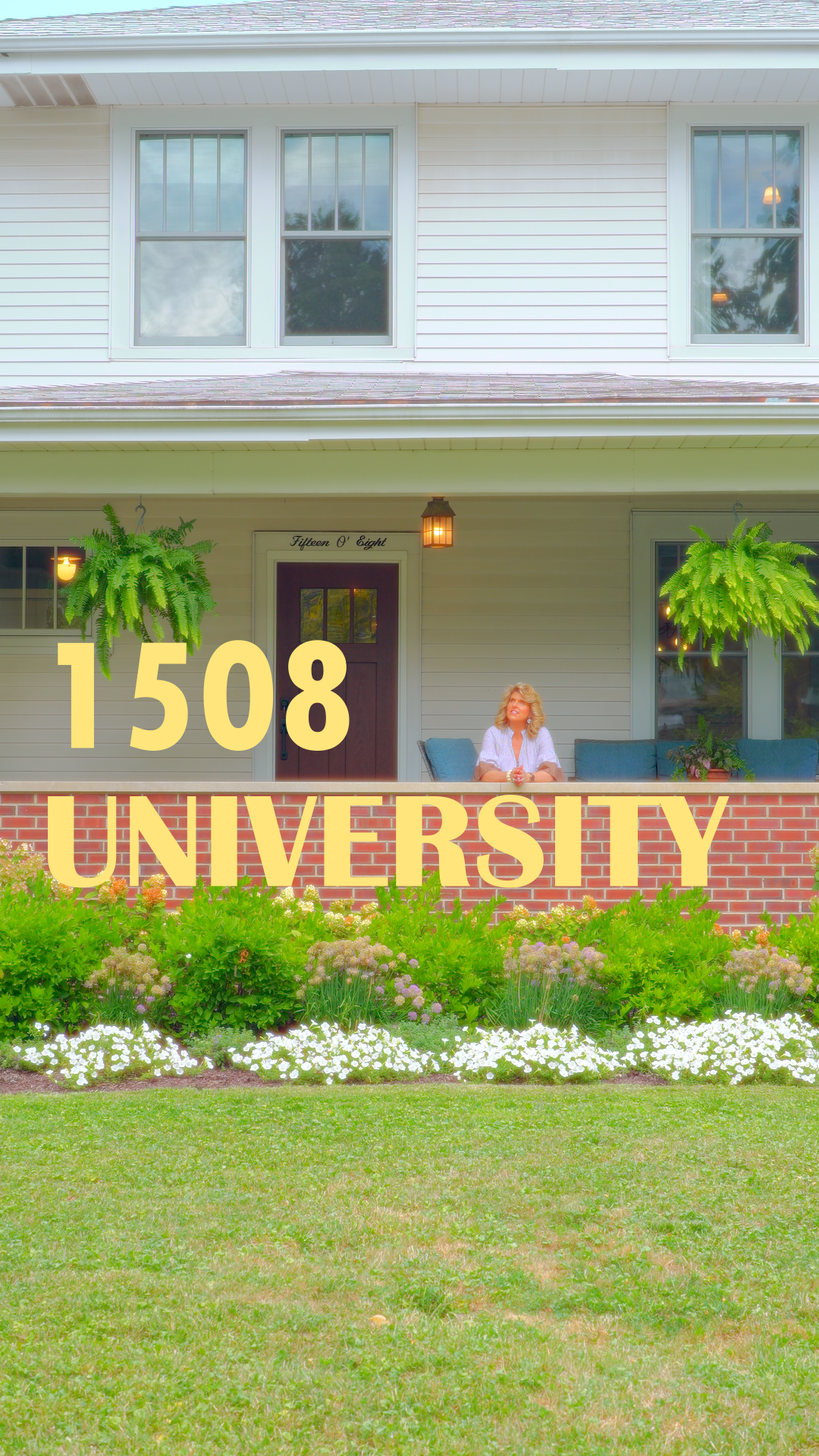 realtor leaning on front pretty brick porch in the summer with address text of the home on screen