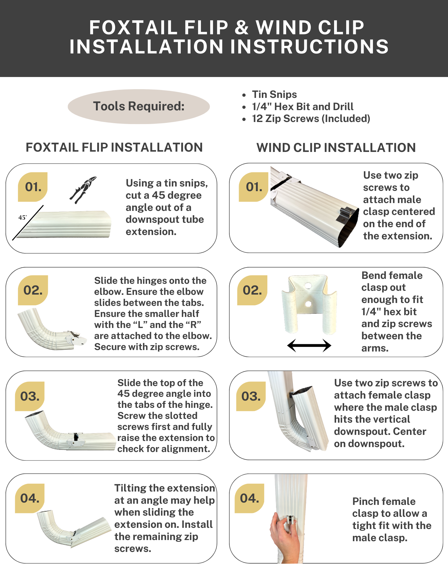 Instructions for installing foxtail flip and wind clip extensions, including tools needed and step-by-step assembly diagrams.