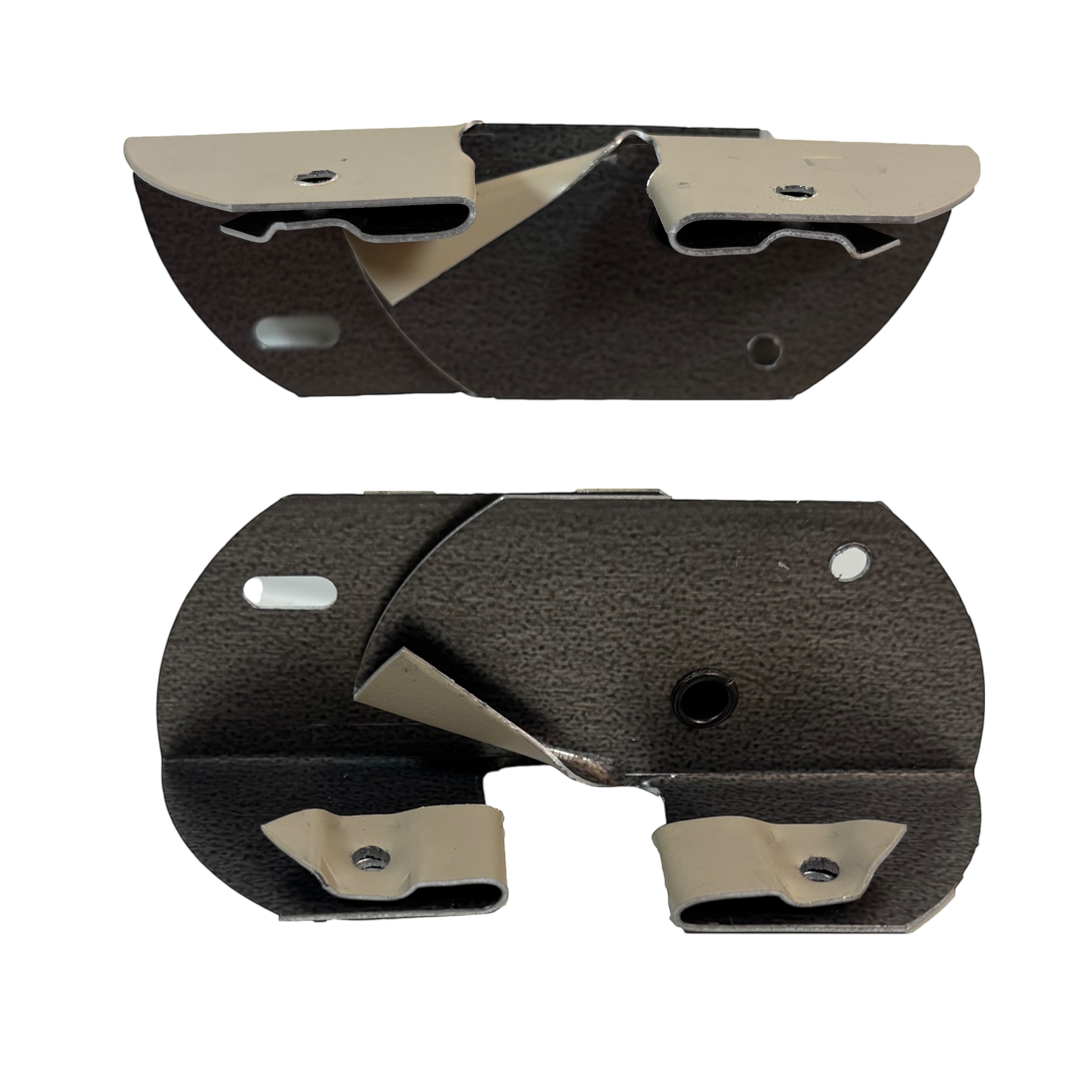 The inside view of the Foxtail Flip hinge showcasing the folded over metal tabs that help prevent screws from ripping out and help the user align the hinge.