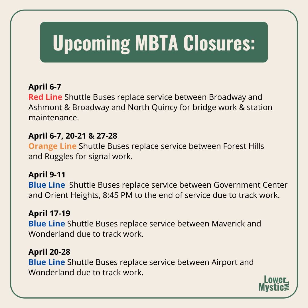 We're here to help you keep on top of @thembta closures happening in April. To check if your train is running today and for more information on planned diversions, head to➡️www.mbtaclosures.com (linked in bio!)
________

🔴 April 6-7: Red Line -Shutt